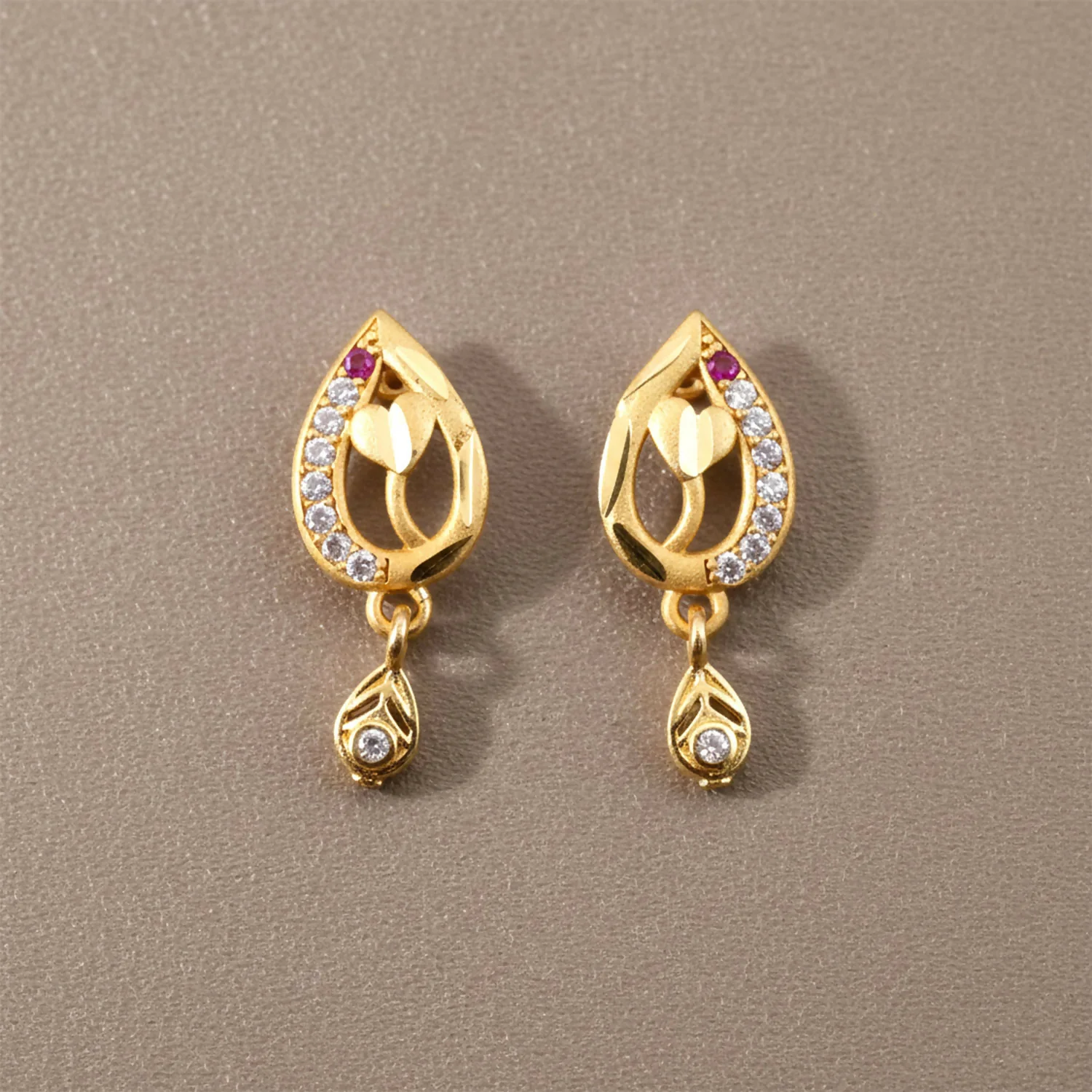 Ruby Blossom Teardrop Leaf Drop Gold and Stone Earrings - Image 2