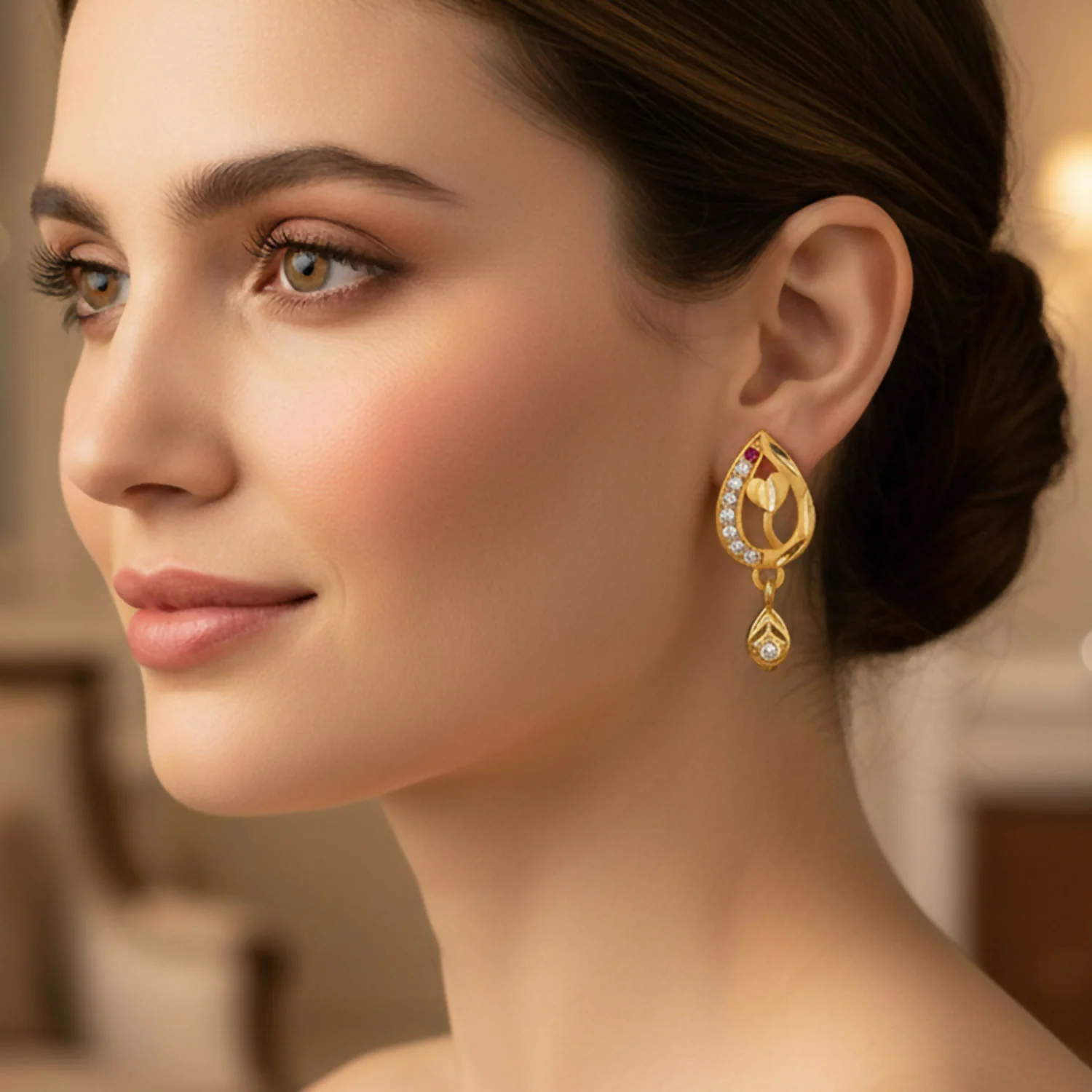 Ruby Blossom Teardrop Leaf Drop Gold and Stone Earrings - Image 3