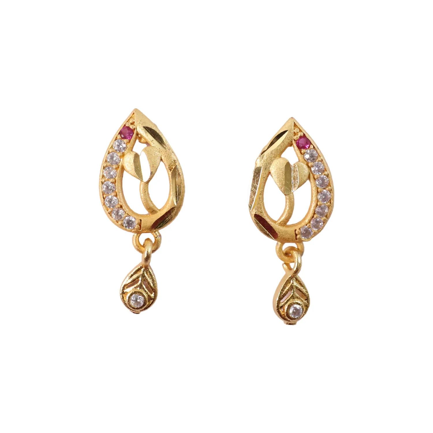 Ruby Blossom Teardrop Leaf Drop Gold and Stone Earrings - Image 4
