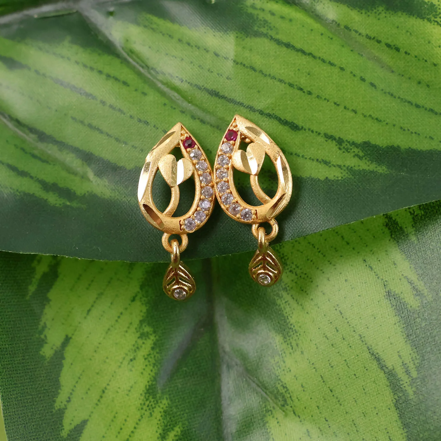 Ruby Blossom Teardrop Leaf Drop Gold and Stone Earrings - Image 5
