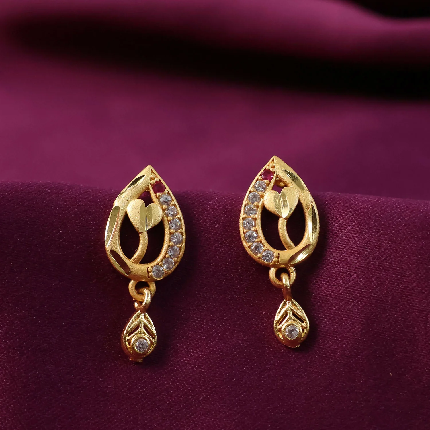Ruby Blossom Teardrop Leaf Drop Gold and Stone Earrings - Image 6