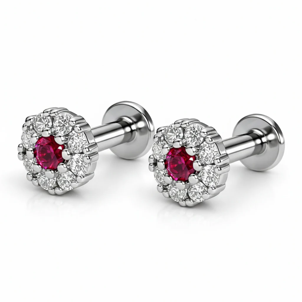 Ruby Floral Halo Nose Pin Silver plated Labret Stud Piercing Combo Pack of 2 - Image 3