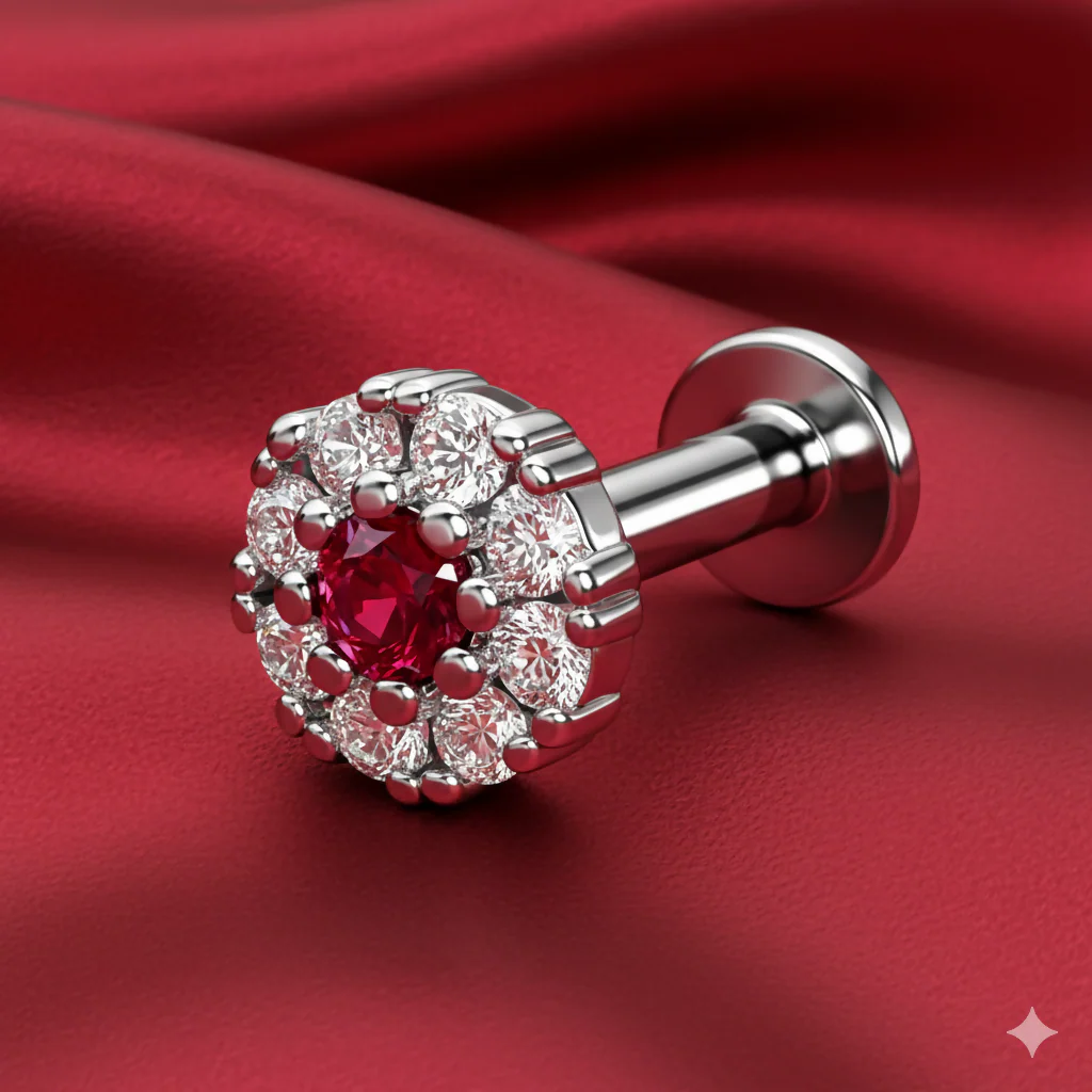 Ruby Floral Halo Nose Pin Silver plated Labret Stud Piercing for women and girls - Image 2