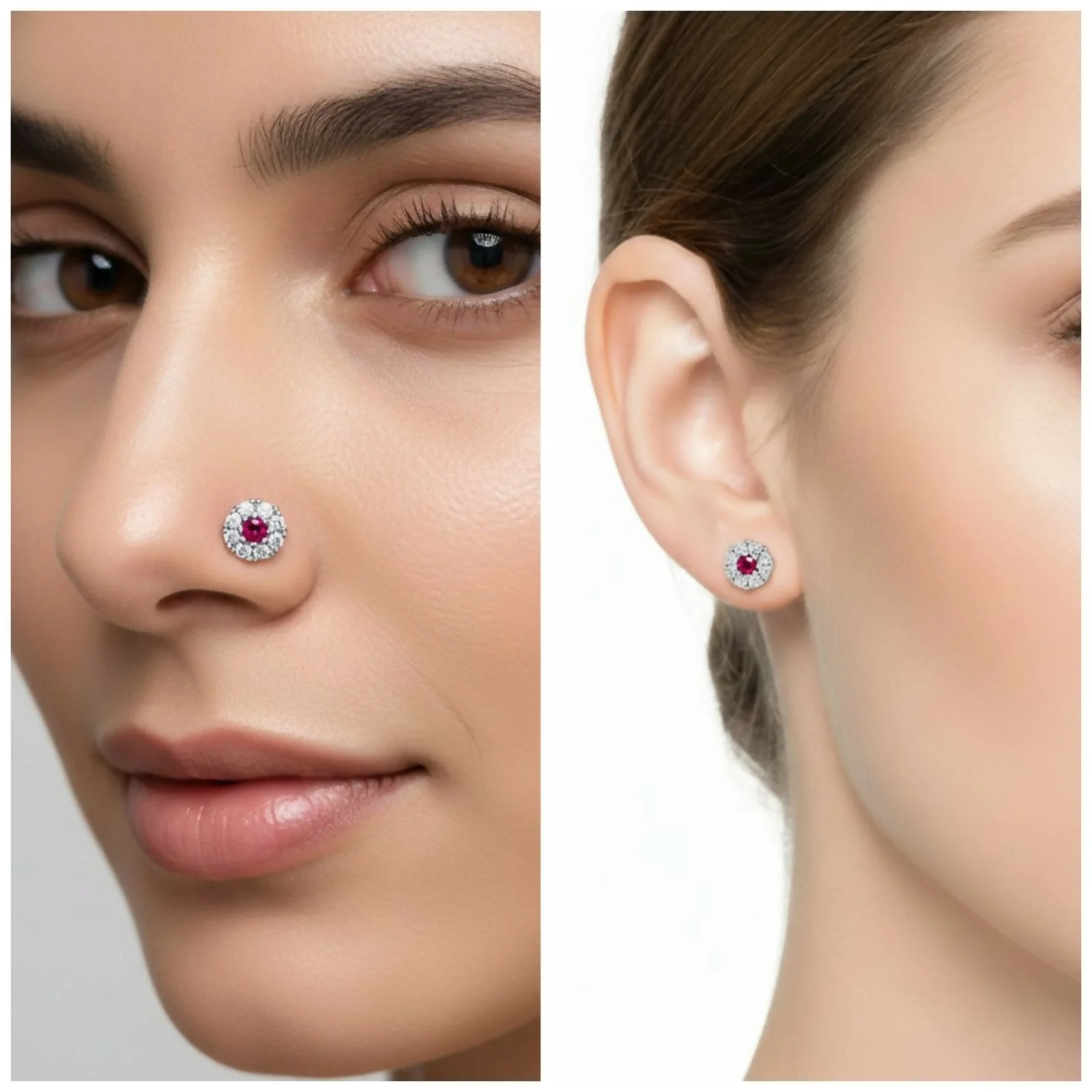 Ruby Floral Halo Nose Pin Silver plated Labret Stud Piercing for women and girls - Image 3