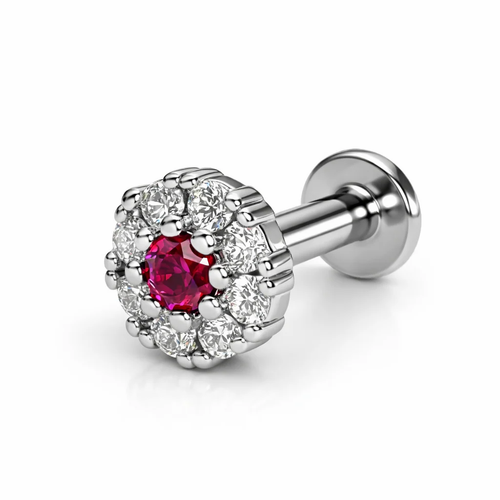 Ruby Floral Halo Nose Pin Silver plated Labret Stud Piercing for women and girls - Image 4
