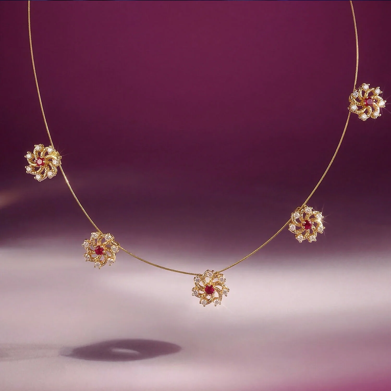 Ruby Floral Station Necklace with Diamond Detailing and Elegant Gold Chain Design - Image 2