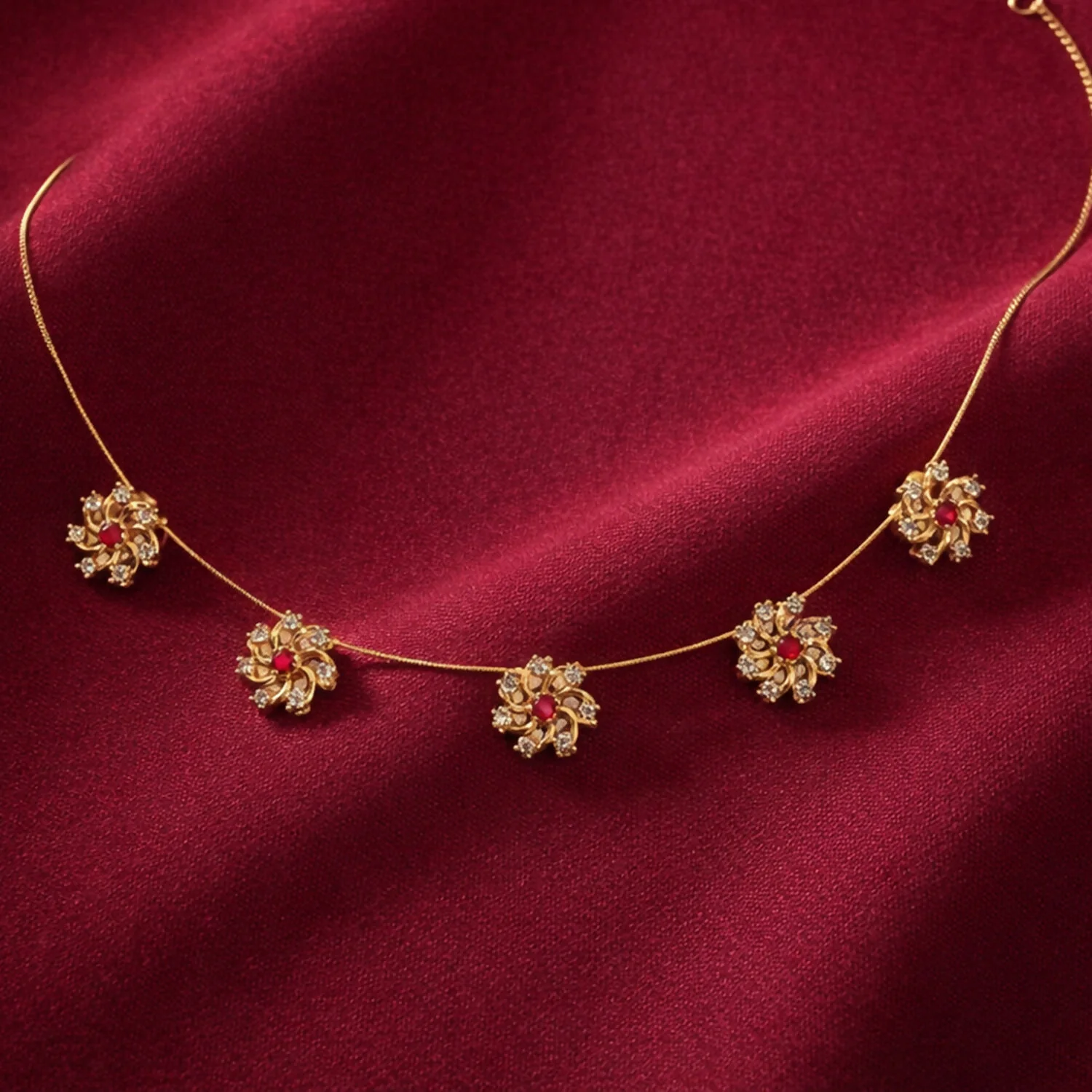 Ruby Floral Station Necklace with Diamond Detailing and Elegant Gold Chain Design - Image 3