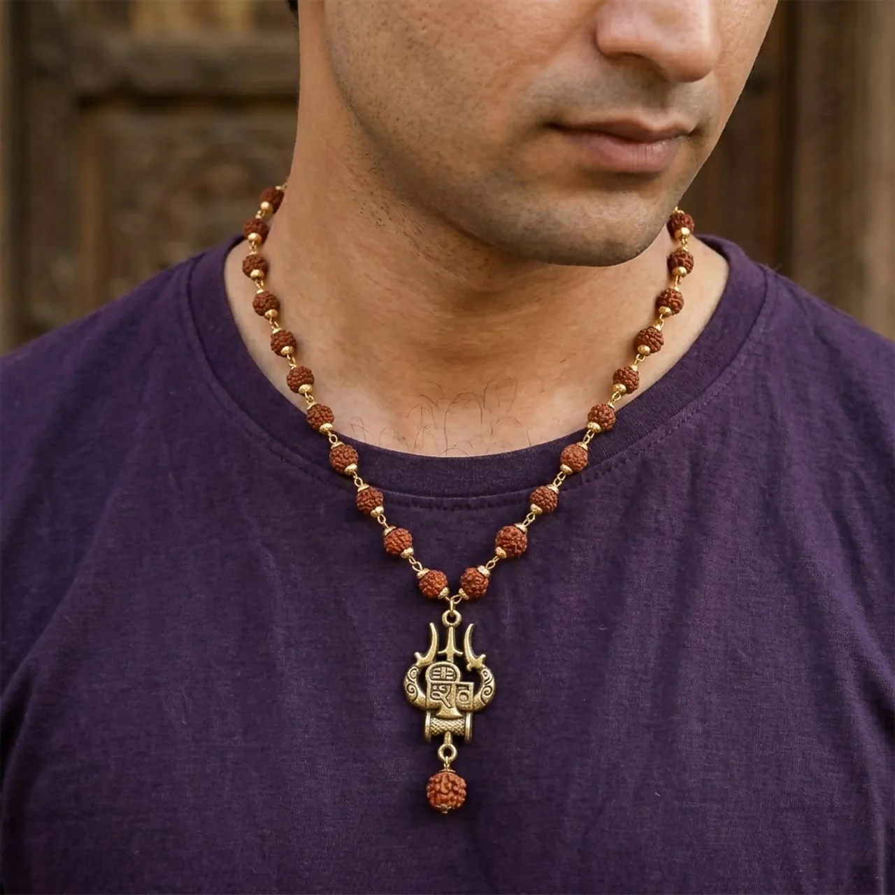 Rudraksha Bead Necklace with Trishul Shiva Pendant Spiritual Mala for Men - Image 3