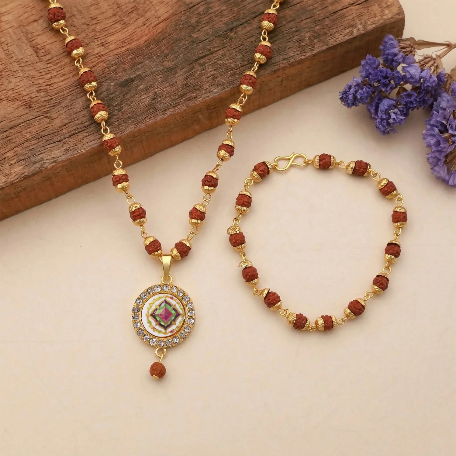 Rudraksha Gold Necklace & Bracelet Set with Designer Pendant - Image 2