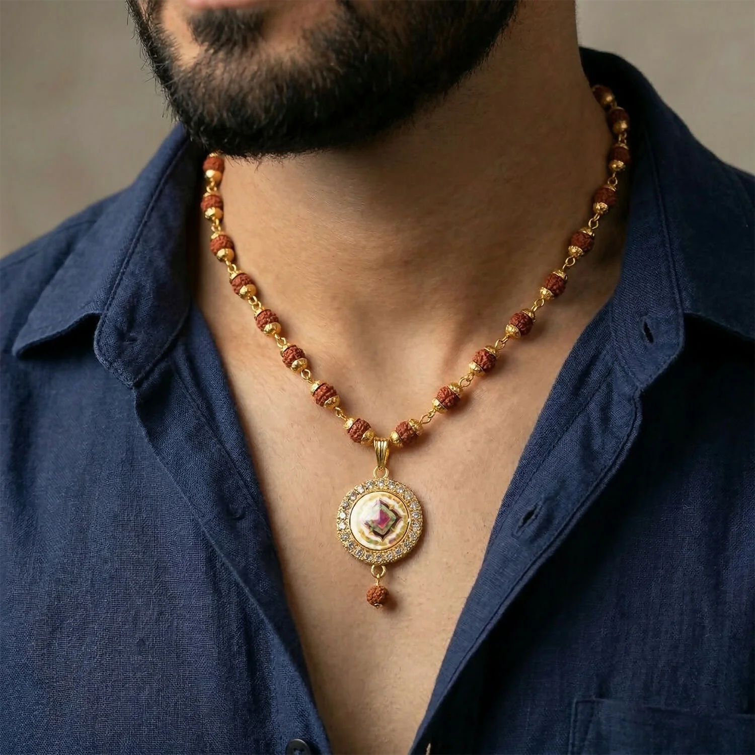 Rudraksha Gold Necklace & Bracelet Set with Designer Pendant - Image 3