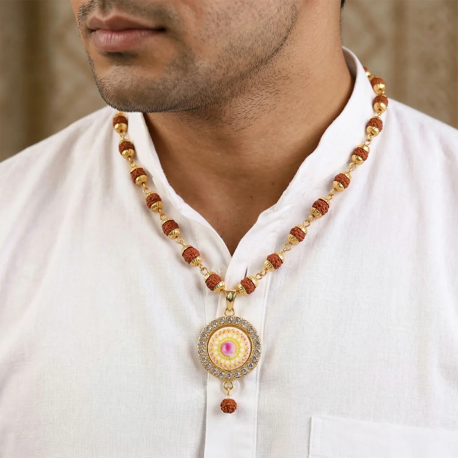 Rudraksha Gold Necklace & Bracelet Set with Designer Pendant - Image 4