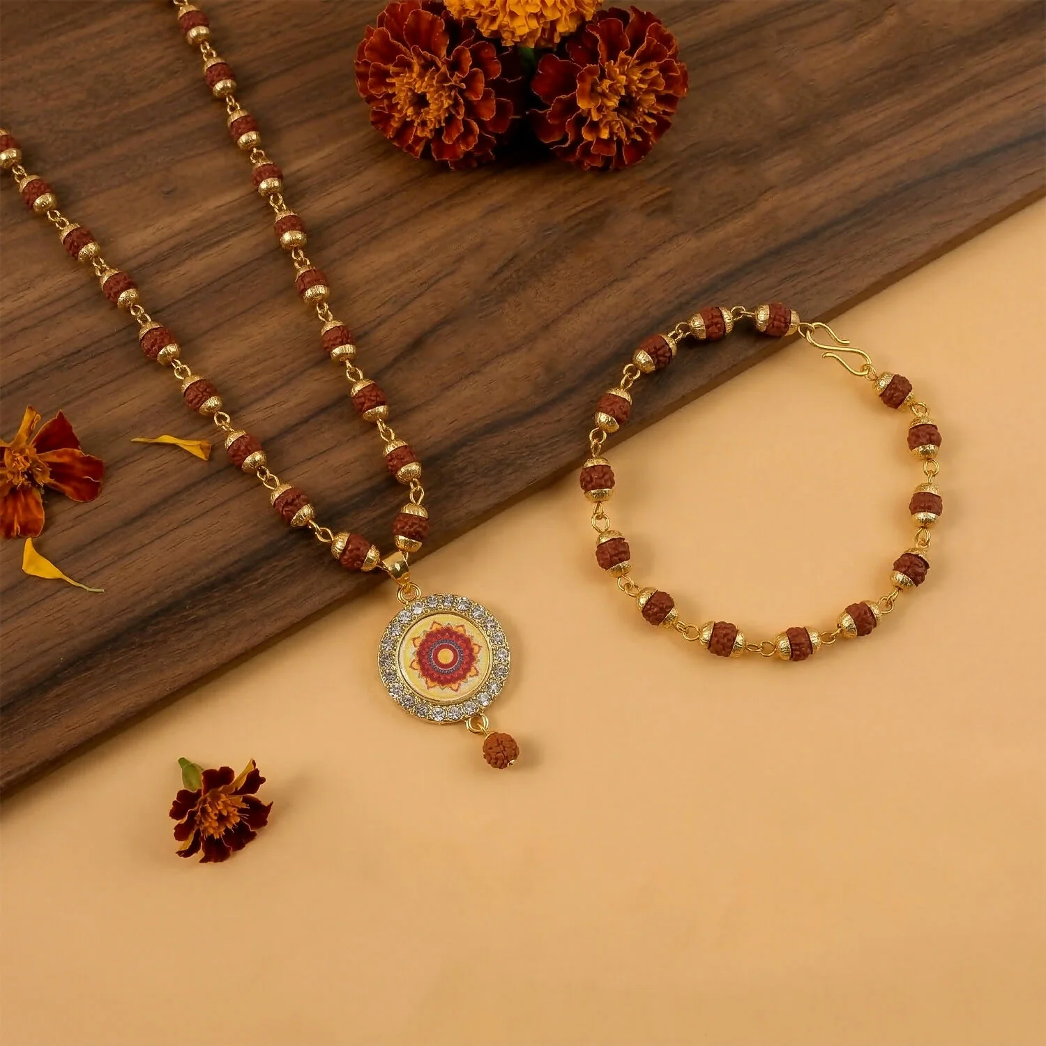Rudraksha Gold Necklace & Bracelet Set with Mandala Pendant - Image 2