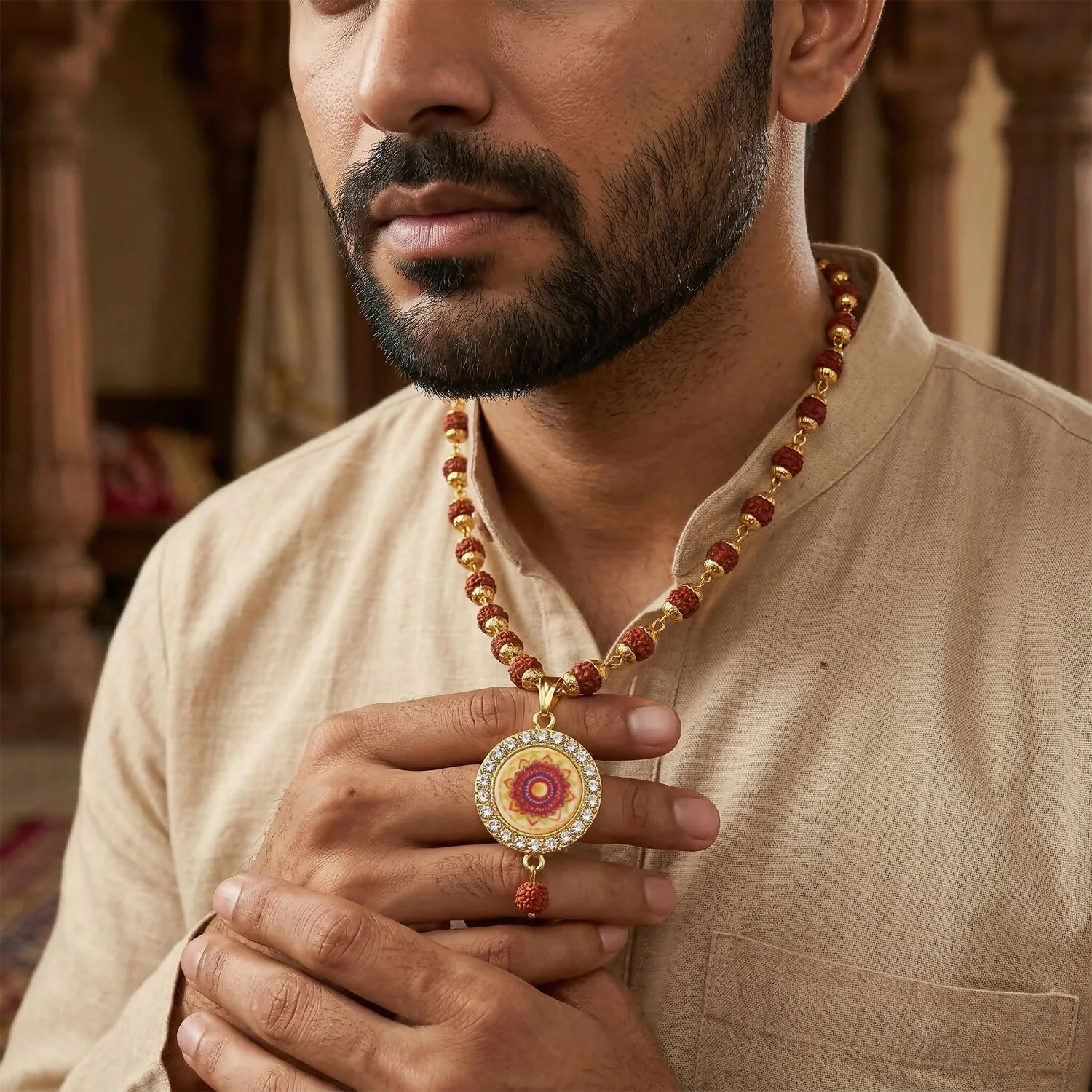 Rudraksha Gold Necklace & Bracelet Set with Mandala Pendant - Image 4