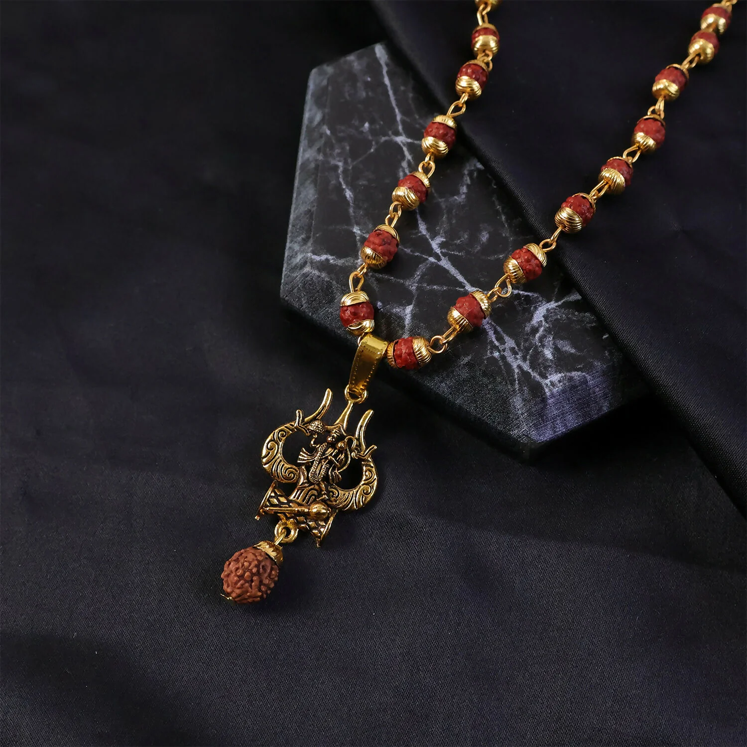 Rudraksha Hanuman Trishul Pendant Gold Beaded Necklace - Image 3