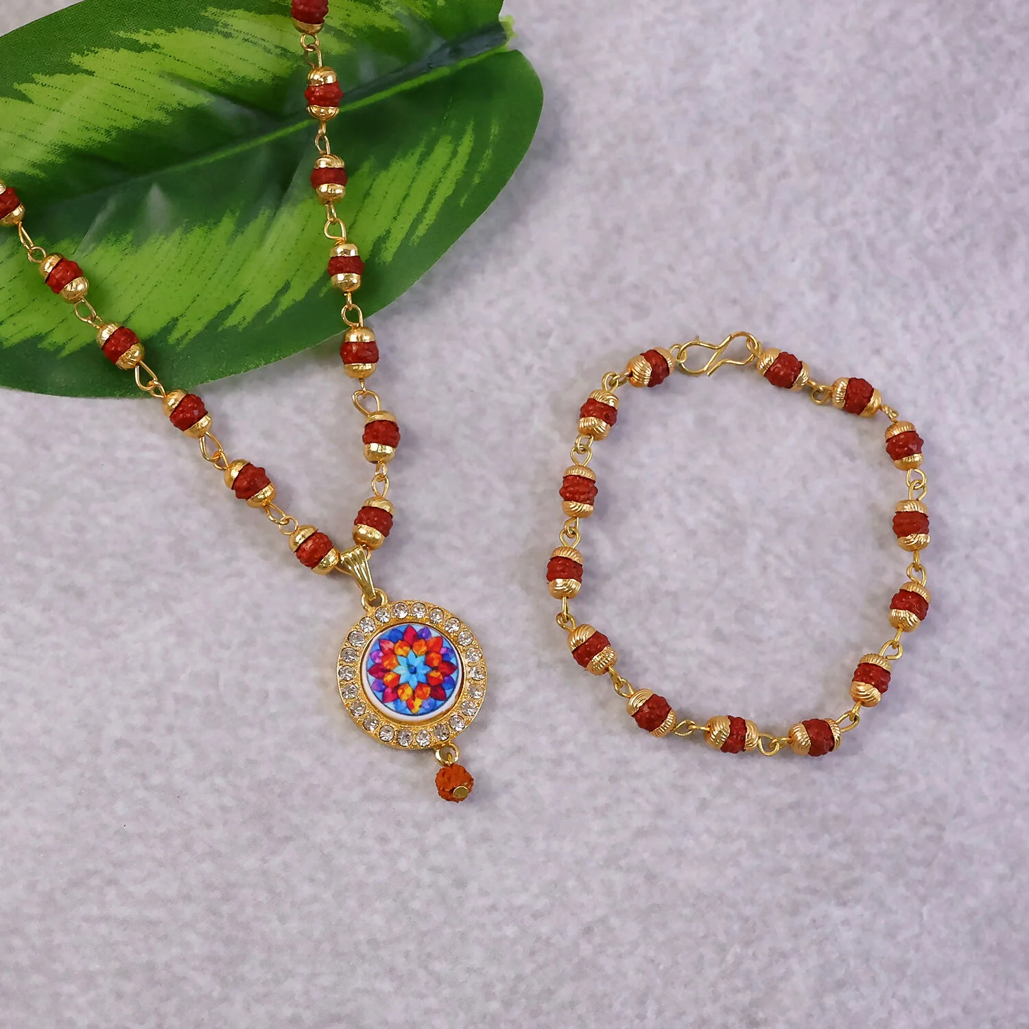 Rudraksha Necklace & Bracelet Set with Colorful Pendant - Image 2