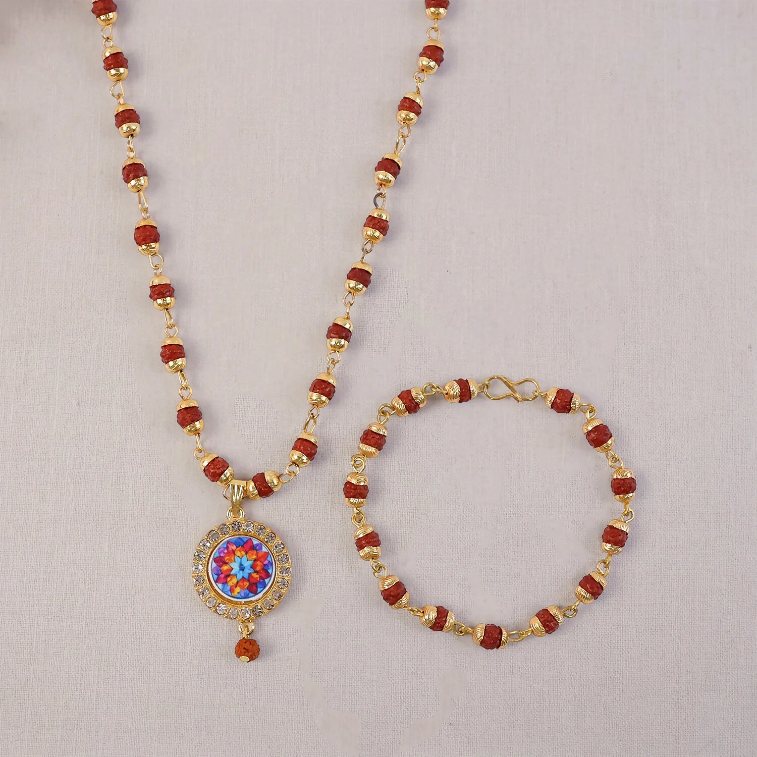 Rudraksha Necklace & Bracelet Set with Colorful Pendant - Image 3