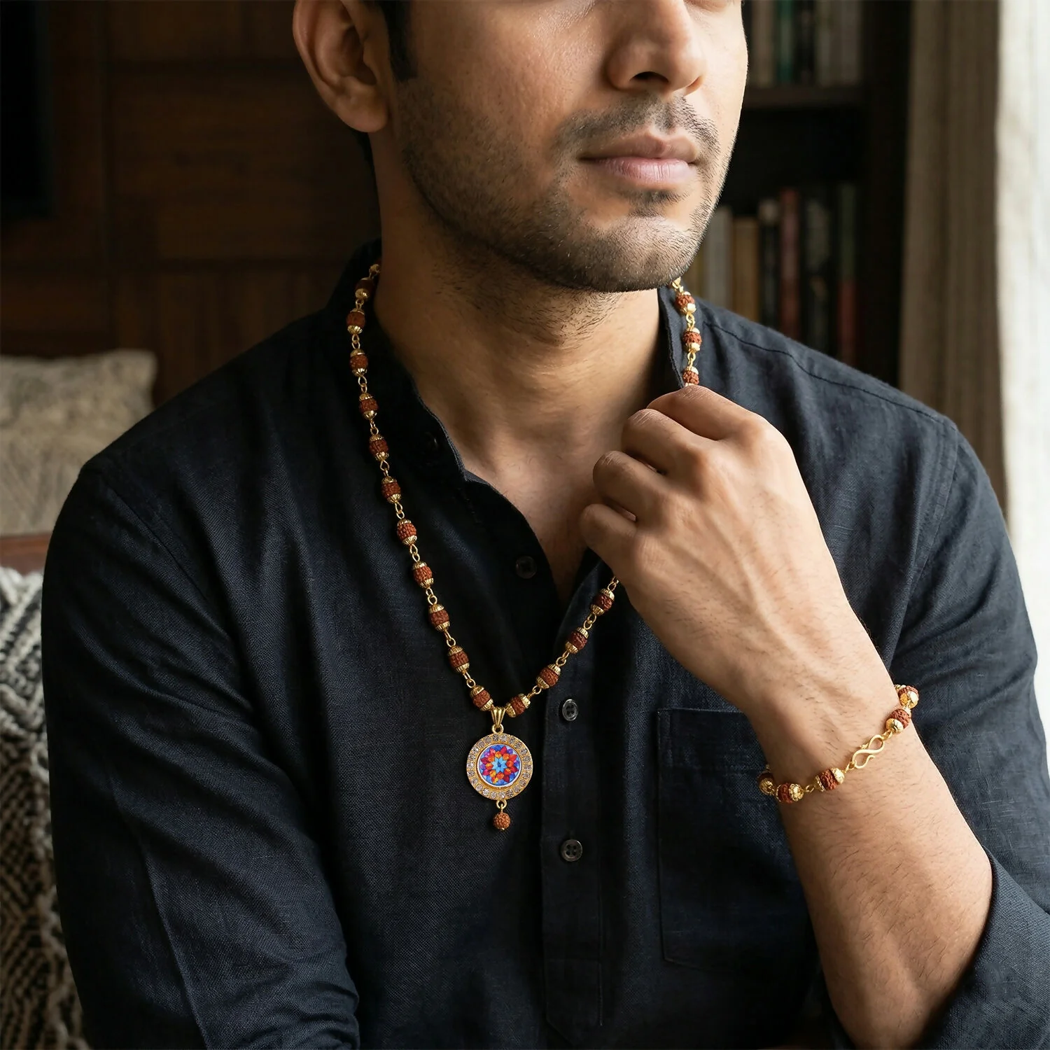 Rudraksha Necklace & Bracelet Set with Colorful Pendant - Image 4