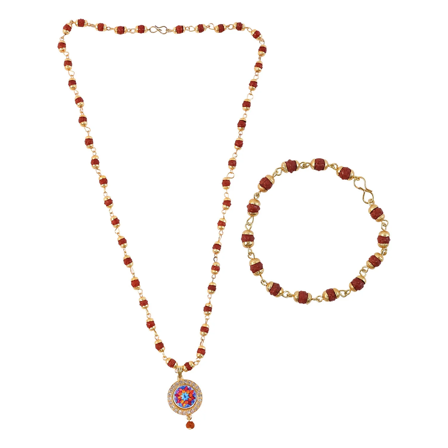 Rudraksha Necklace & Bracelet Set with Colorful Pendant - Image 5