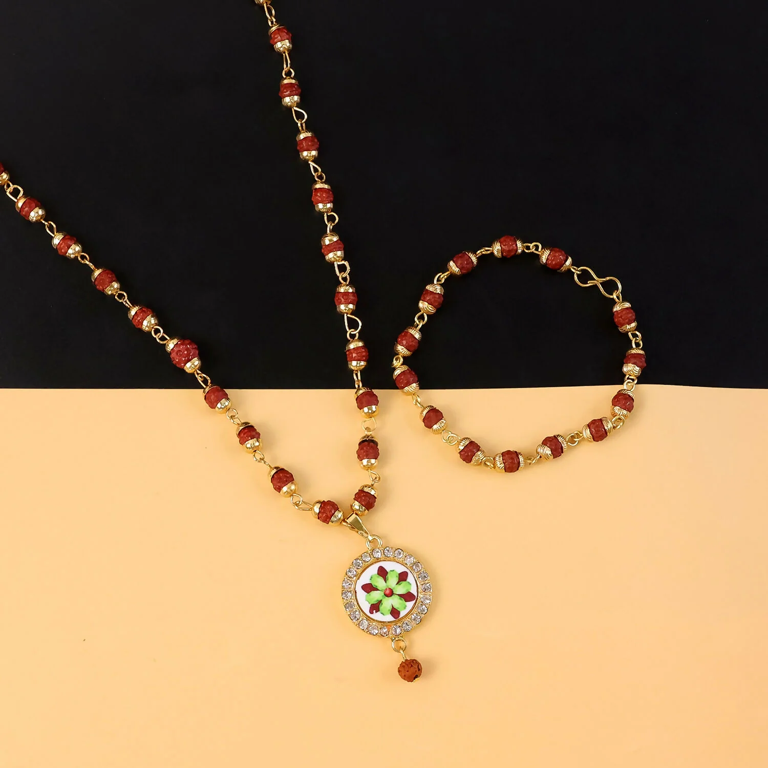 Rudraksha Necklace & Bracelet Set with Floral Pendant - Image 2