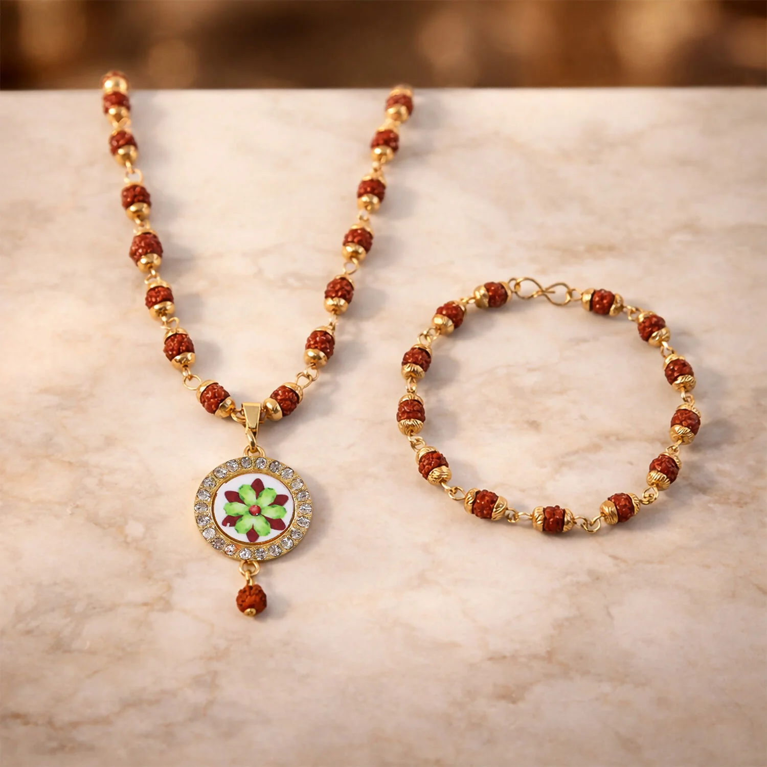 Rudraksha Necklace & Bracelet Set with Floral Pendant - Image 3