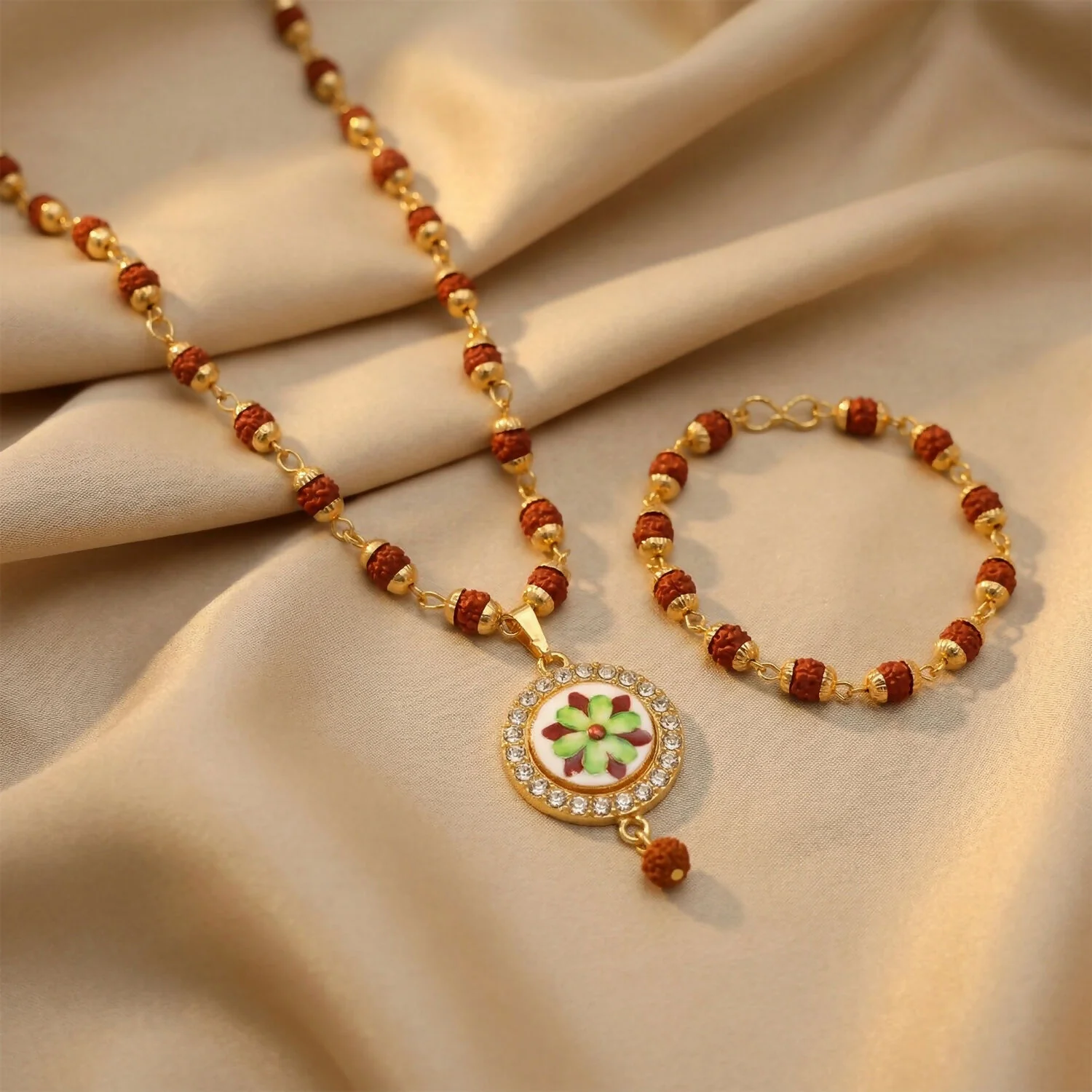 Rudraksha Necklace & Bracelet Set with Floral Pendant - Image 4