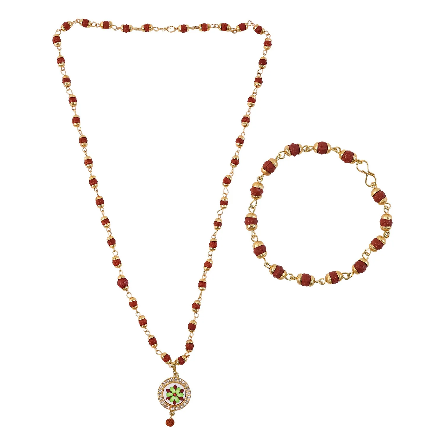 Rudraksha Necklace & Bracelet Set with Floral Pendant - Image 5