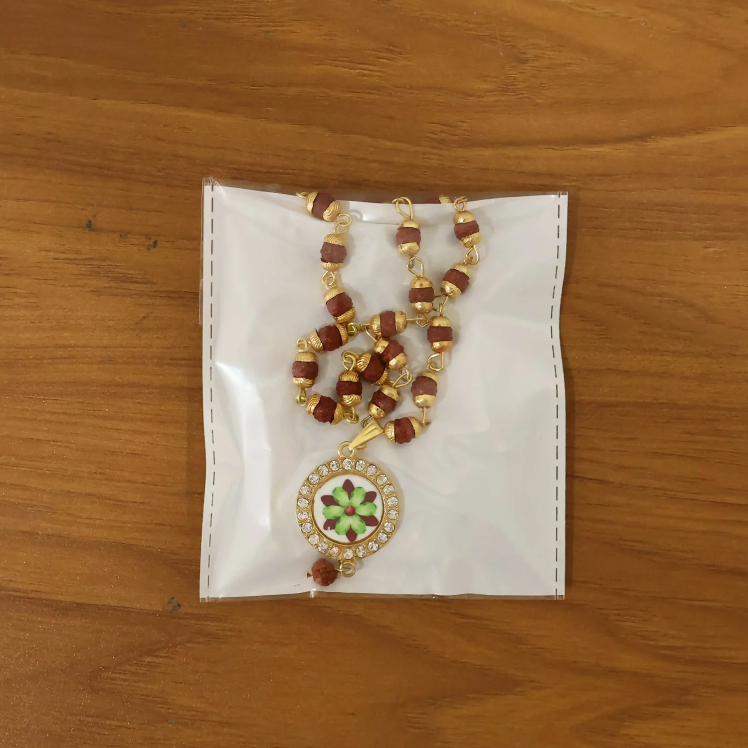 Rudraksha Necklace & Bracelet Set with Floral Pendant - Image 6
