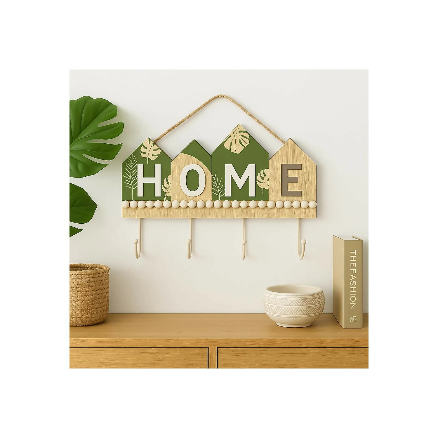 Rustic Wooden Wall Key Holder with “HOME” Letter Design – Decorative Wall Hanging with 4 Sturdy Hooks and Rope Hanger – Ideal for Entryway, Living Room, Kitchen, Bedroom, Office, and Housewarming Gifting - Image 2