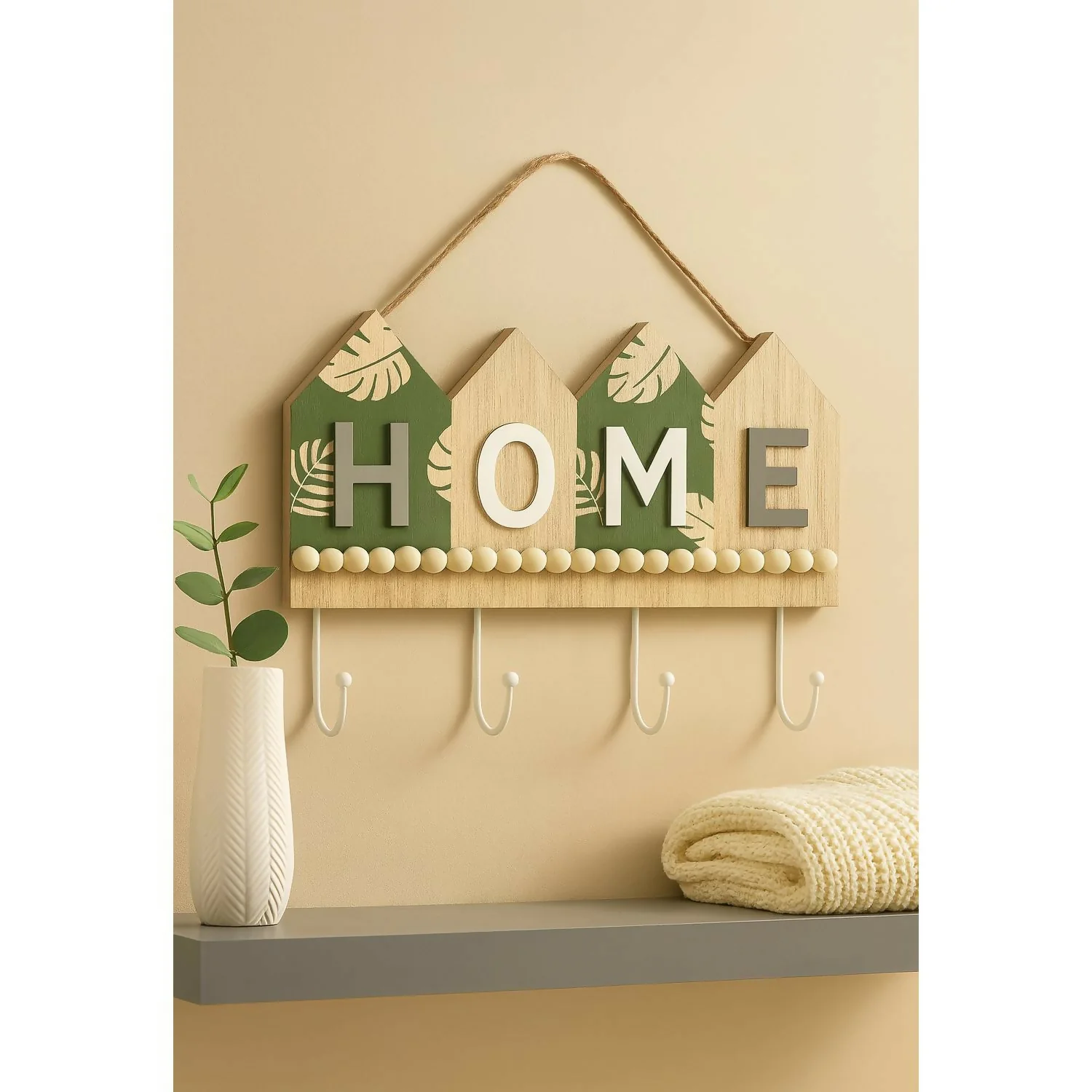 Rustic Wooden Wall Key Holder with “HOME” Letter Design – Decorative Wall Hanging with 4 Sturdy Hooks and Rope Hanger – Ideal for Entryway, Living Room, Kitchen, Bedroom, Office, and Housewarming Gifting - Image 3