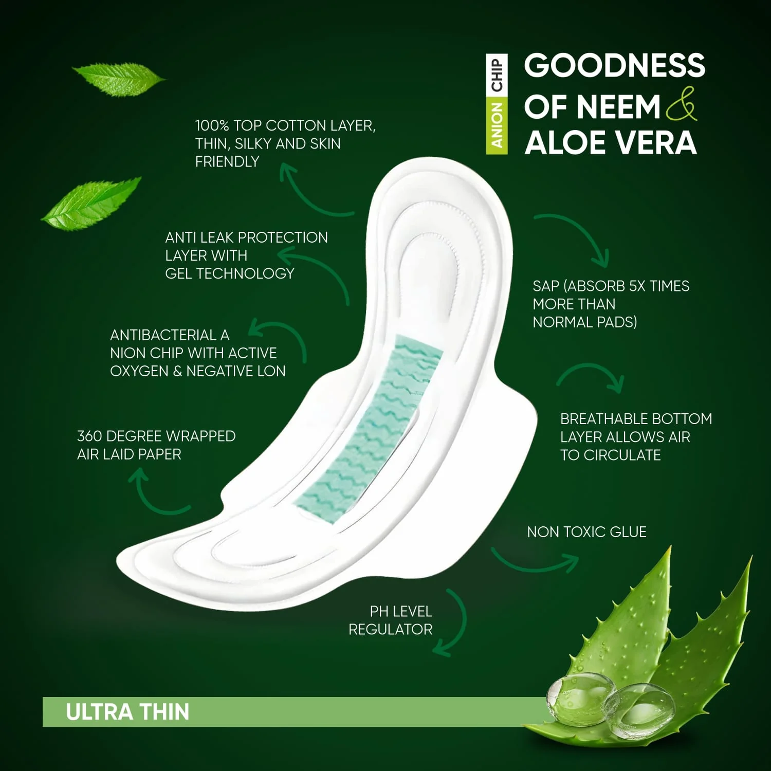 Ultra Thin Sanitary Pads with Neem & Aloe Vera (32 Pads) - Image 3