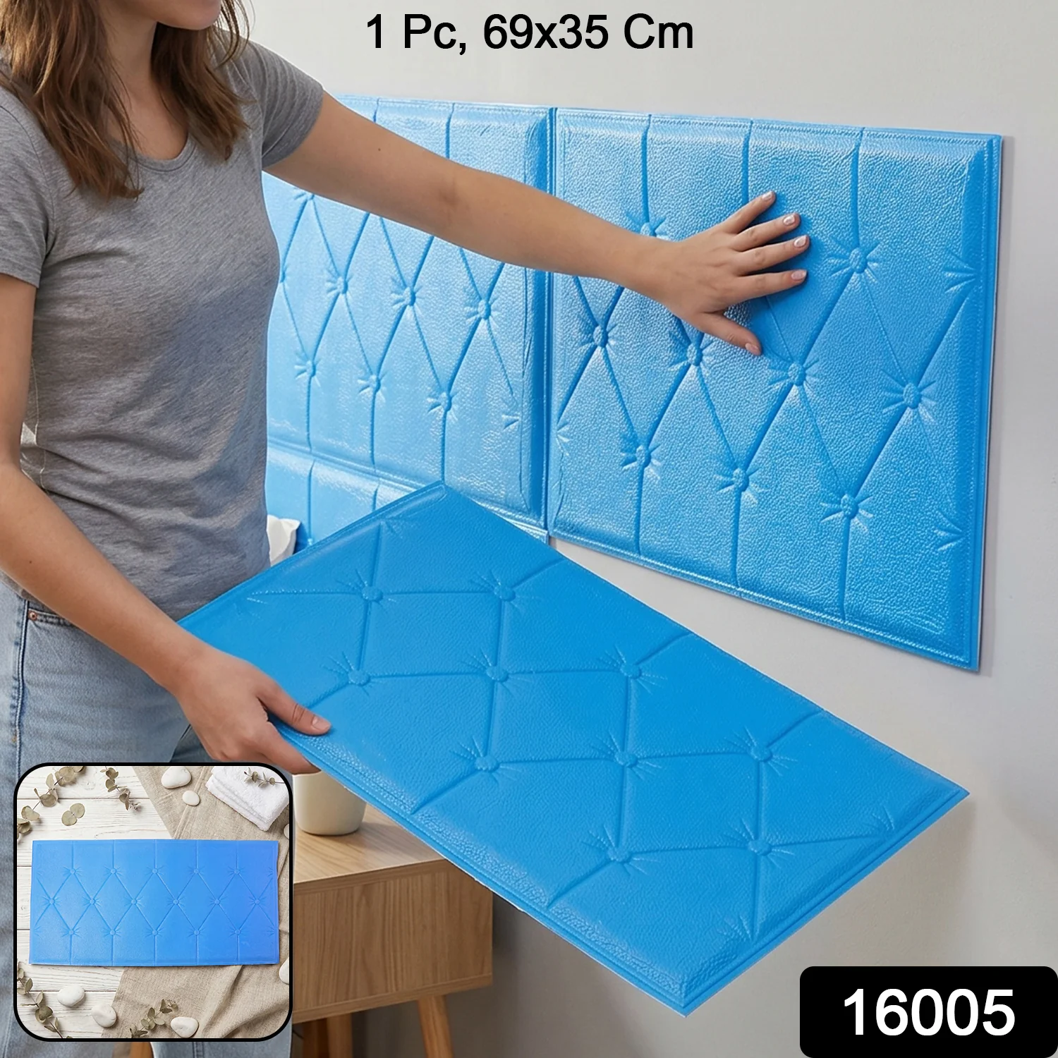 Self Adhesive 3D Foam Wall Panel Cushion Wallpaper (1 Pc, Blue, 69x35 Cm) - Image 2