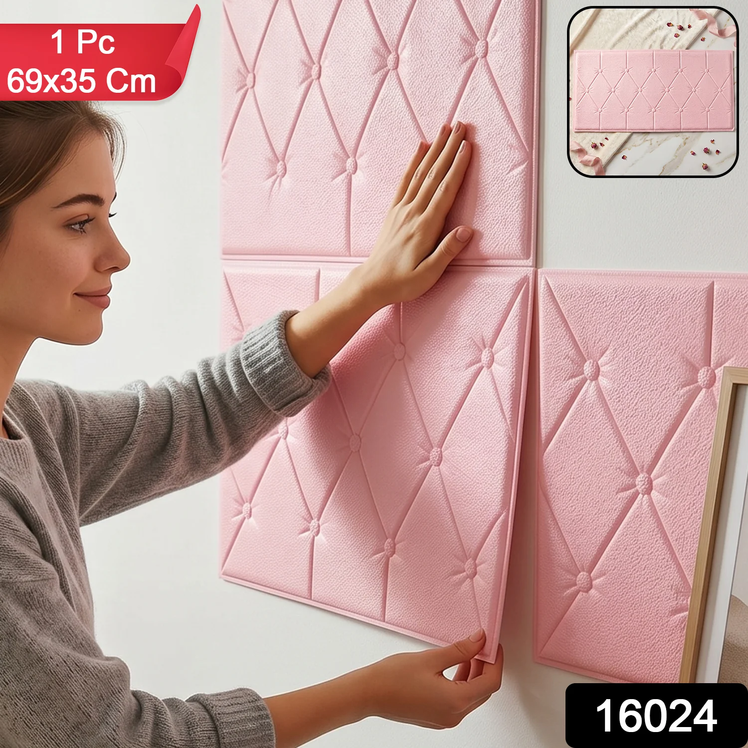 Self Adhesive 3D Foam Wall Panel Cushion Wallpaper (1 Pc, Pink, 69x35 Cm) - Image 2