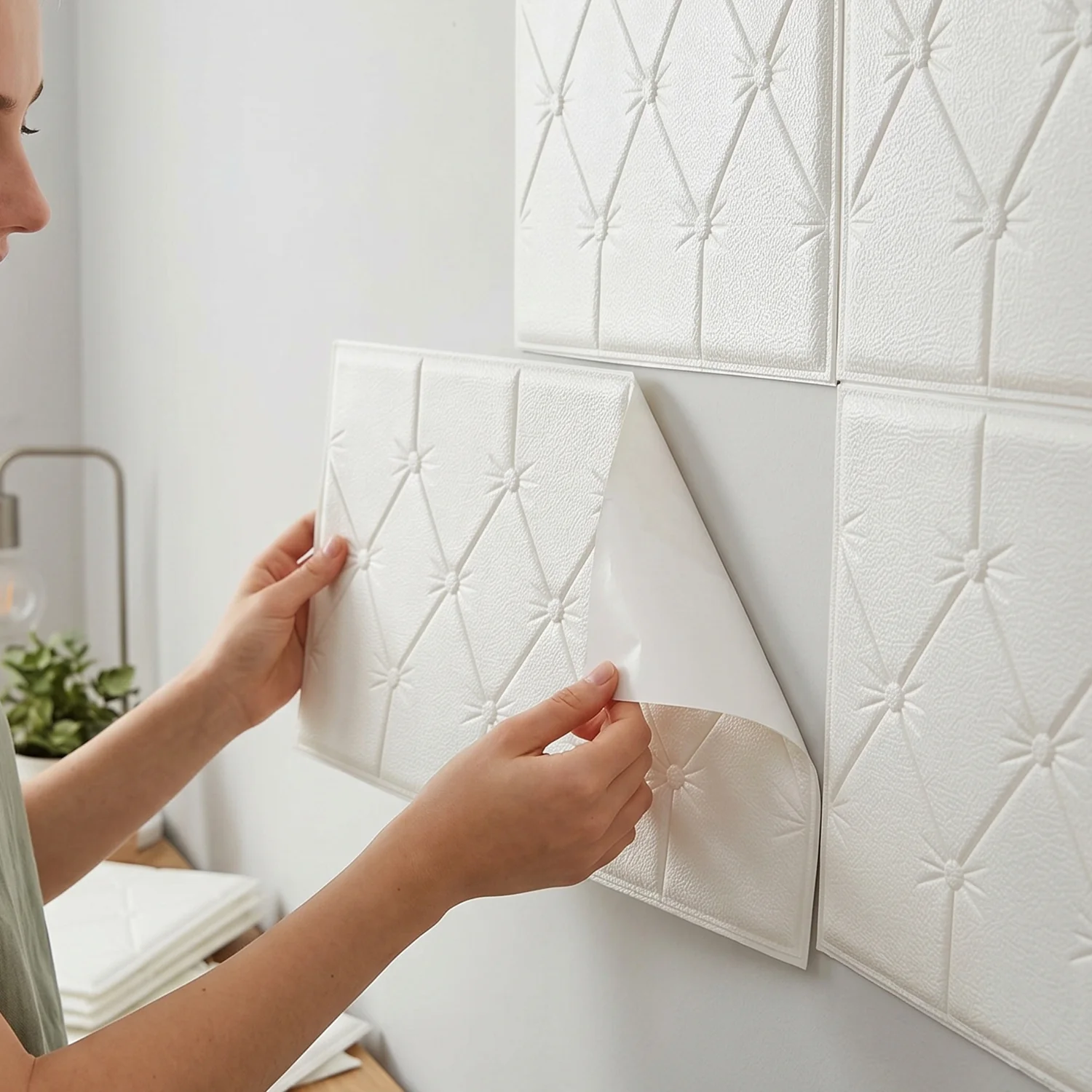 Self Adhesive 3D Foam Wall Panel Cushion Wallpaper (1 Pc, White, 69x35 Cm) - Image 3