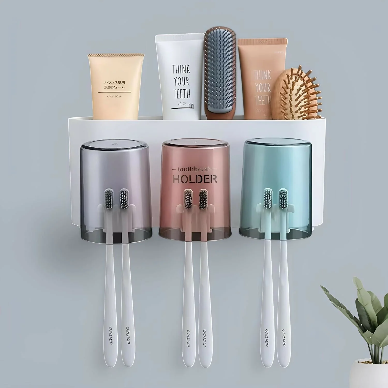 Self Adhesive Toothbrush Holder 3 Cup Set Wall Mounted Bathroom Organizer Storage - Image 3