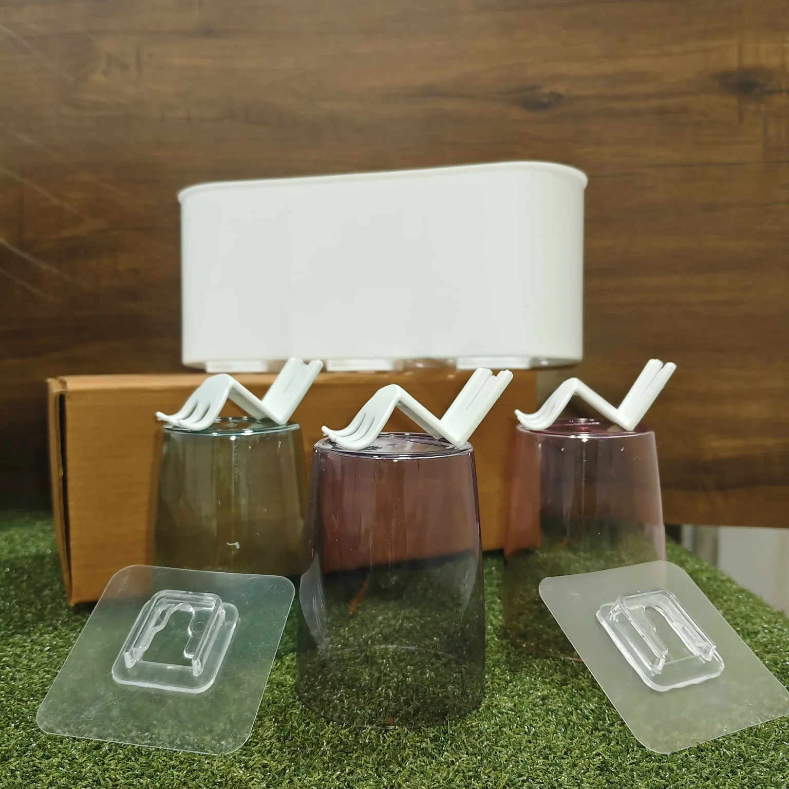 Self Adhesive Toothbrush Holder 3 Cup Set Wall Mounted Bathroom Organizer Storage - Image 5