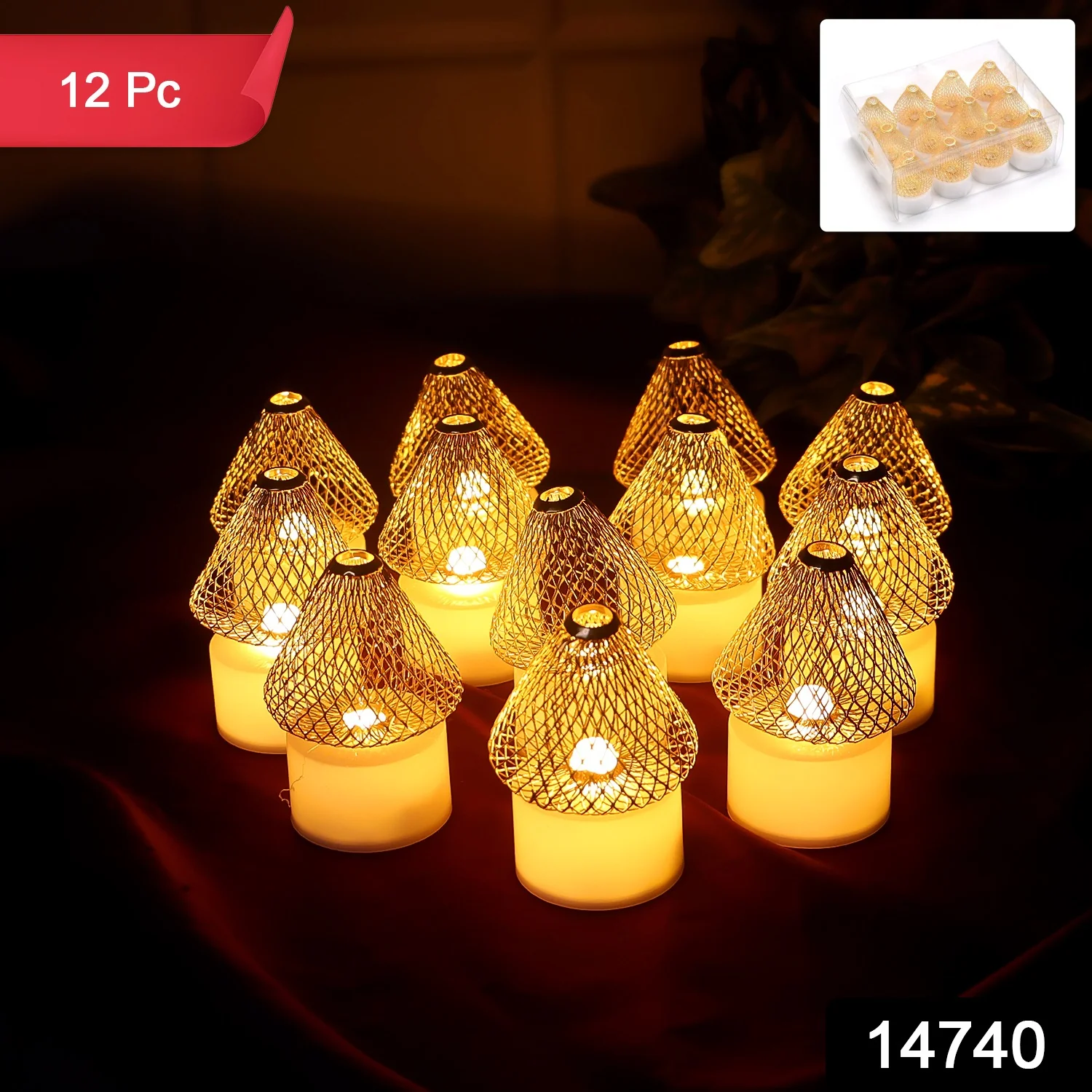 Set of 12 Decorative LED Flameless Candle Lights with Golden Net Cover - Image 2