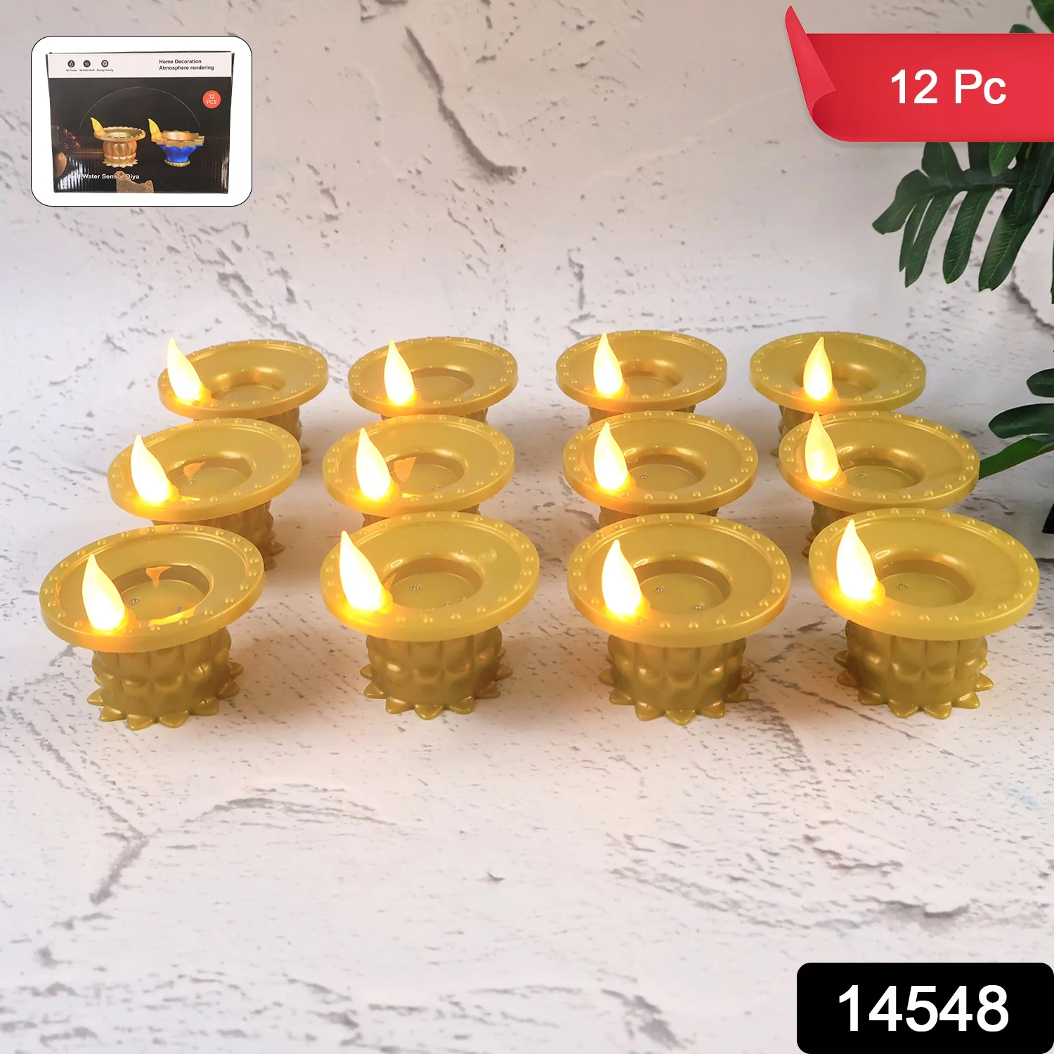 Set of 12 Water Sensor LED Golden Diyas - Image 2