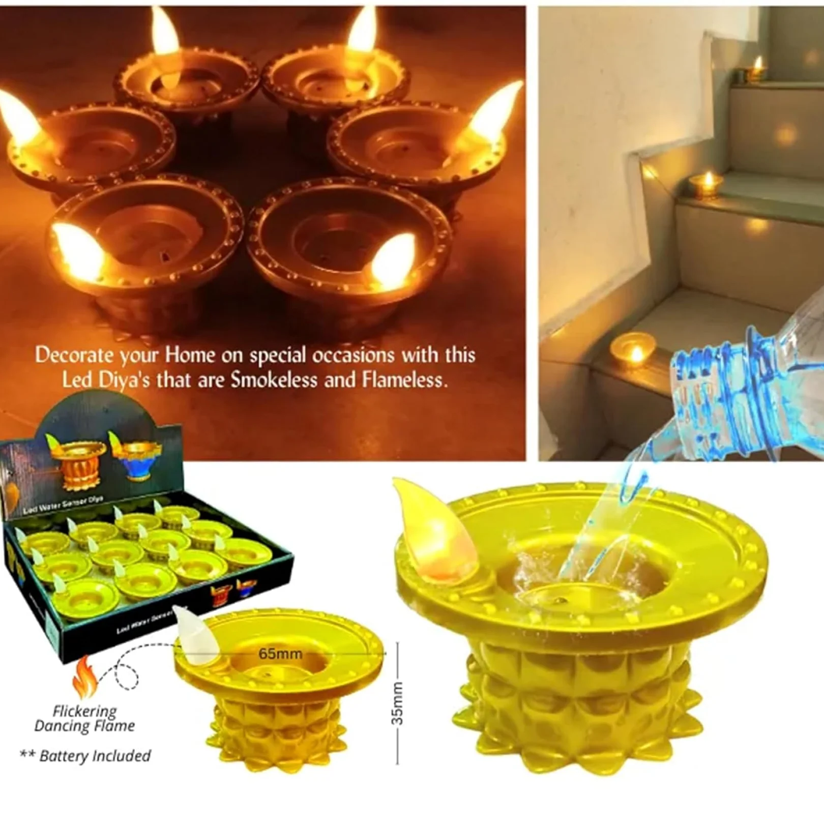 Set of 3 Water Sensor LED Golden Diyas - Image 2
