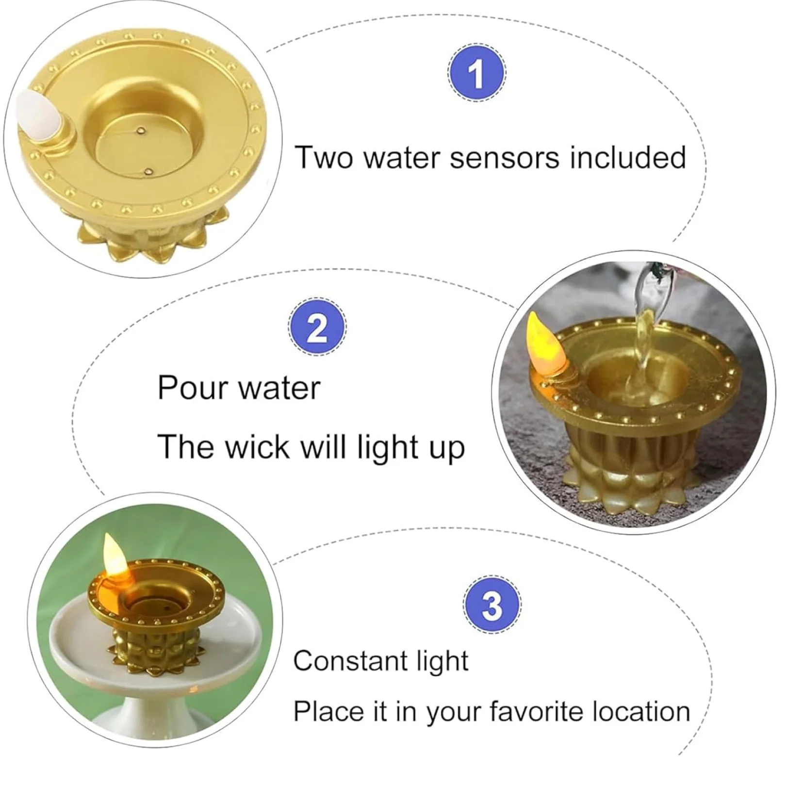Set of 3 Water Sensor LED Golden Diyas - Image 5