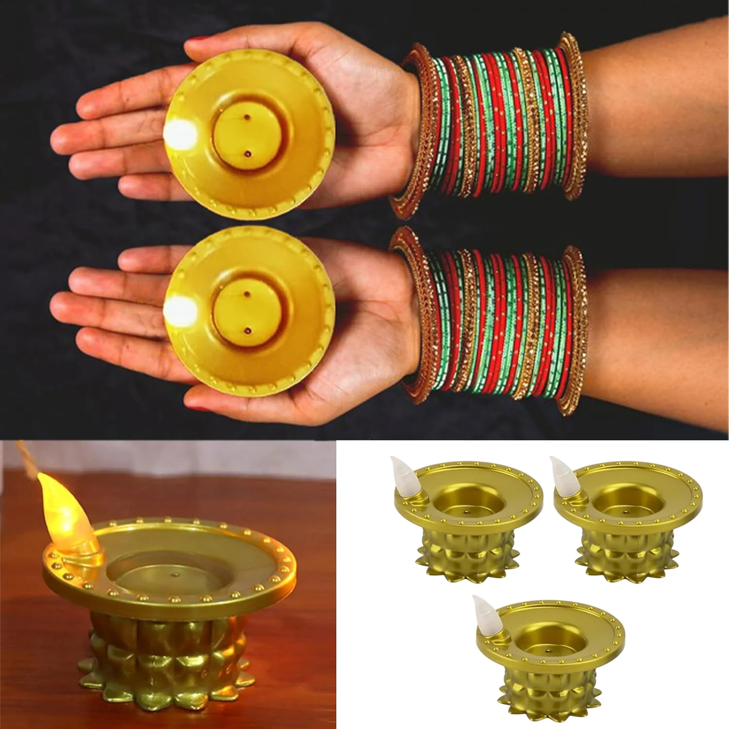 Set of 3 Water Sensor LED Golden Diyas - Image 7