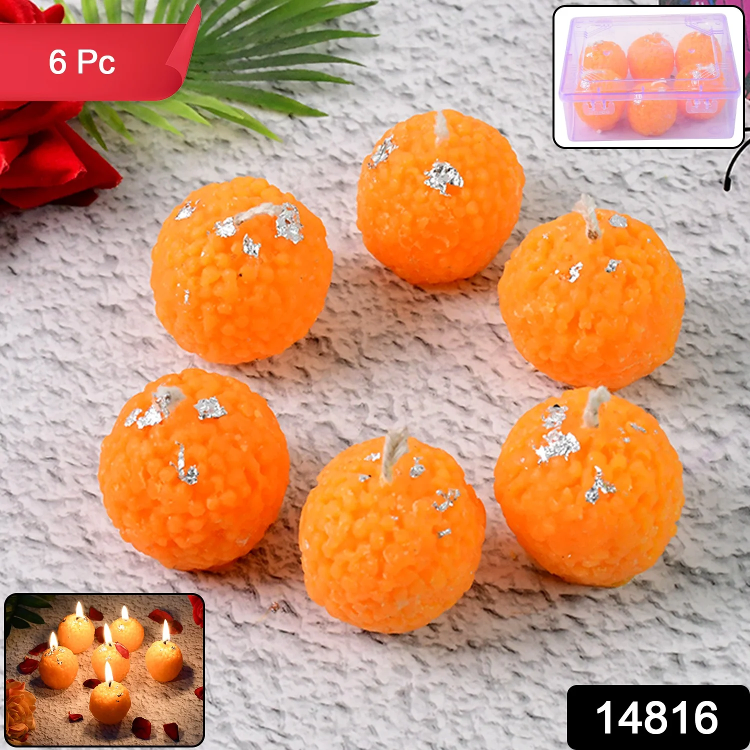 Set of 6 Laddu-Shaped Wax Candles with Silver Leaf Decoration - Image 2