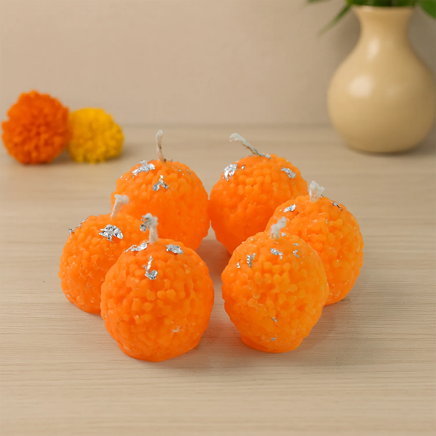 Set of 6 Laddu-Shaped Wax Candles with Silver Leaf Decoration - Image 3