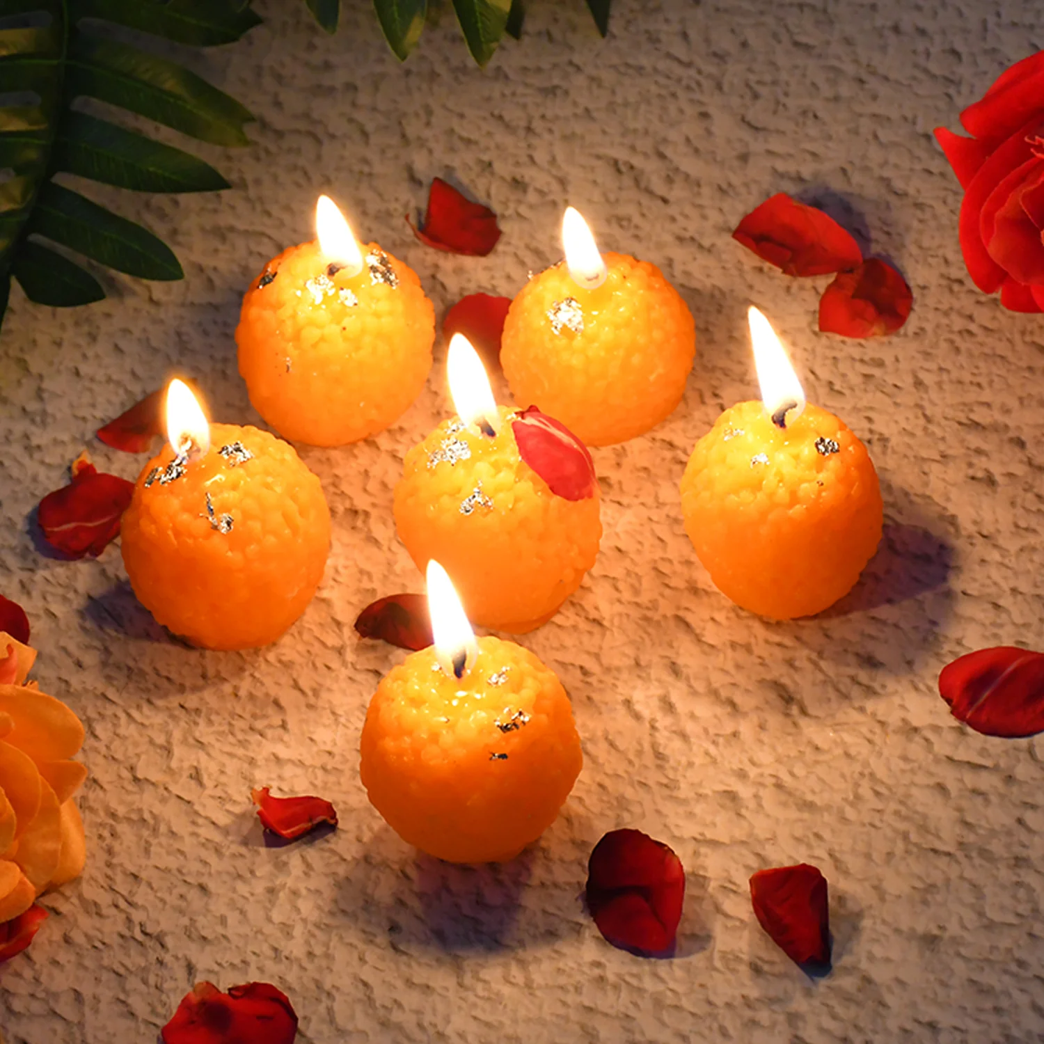 Set of 6 Laddu-Shaped Wax Candles with Silver Leaf Decoration - Image 6