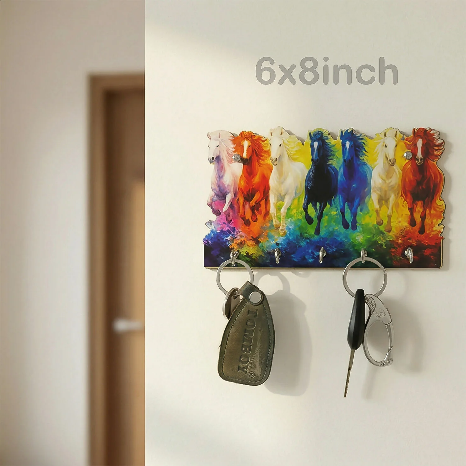 Seven Colorful Horse Wooden Key Holder | 5 Hook Wall Organizer - Image 2