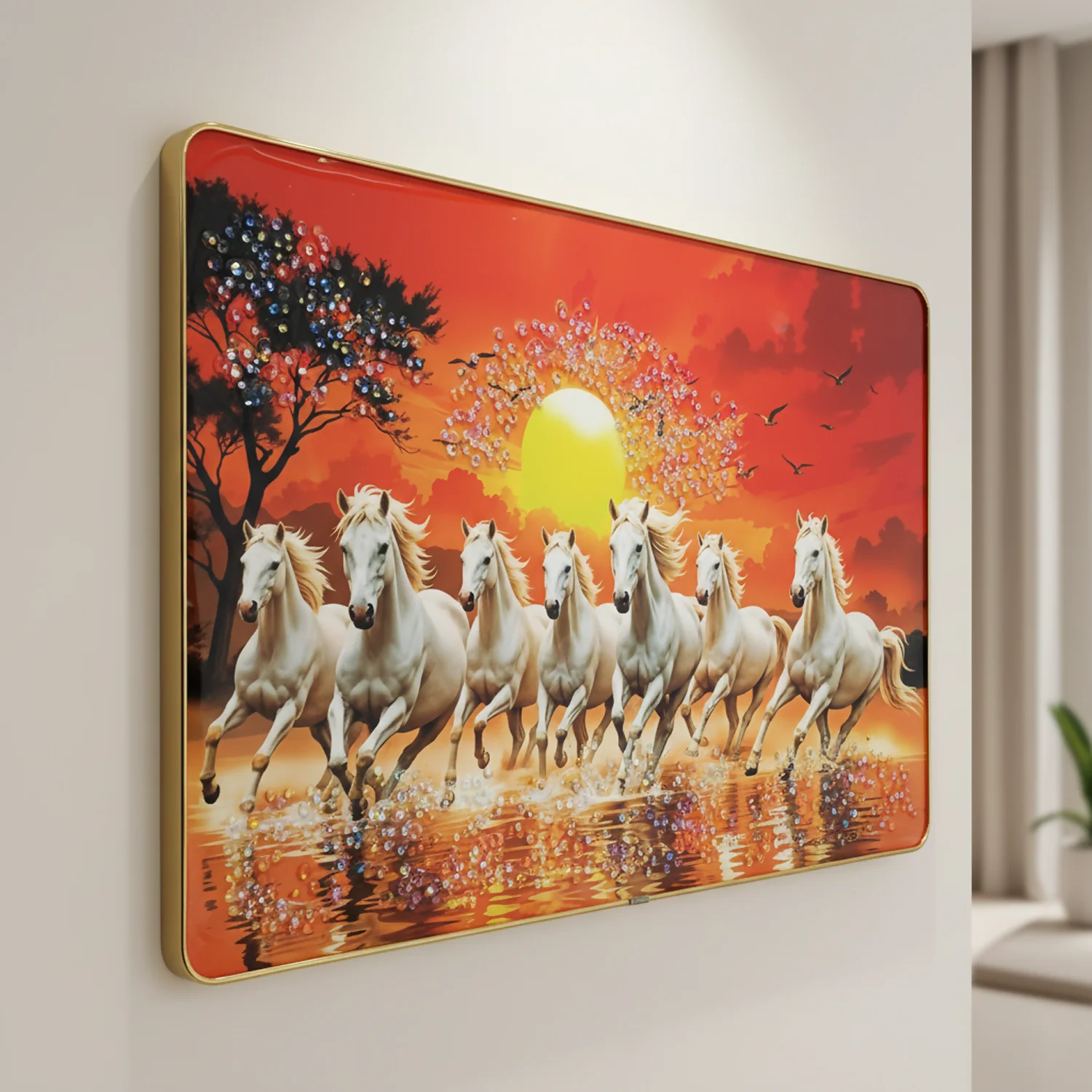 Seven Running Horses Sunrise Wall Art for Living Room Decor Frame - Image 2