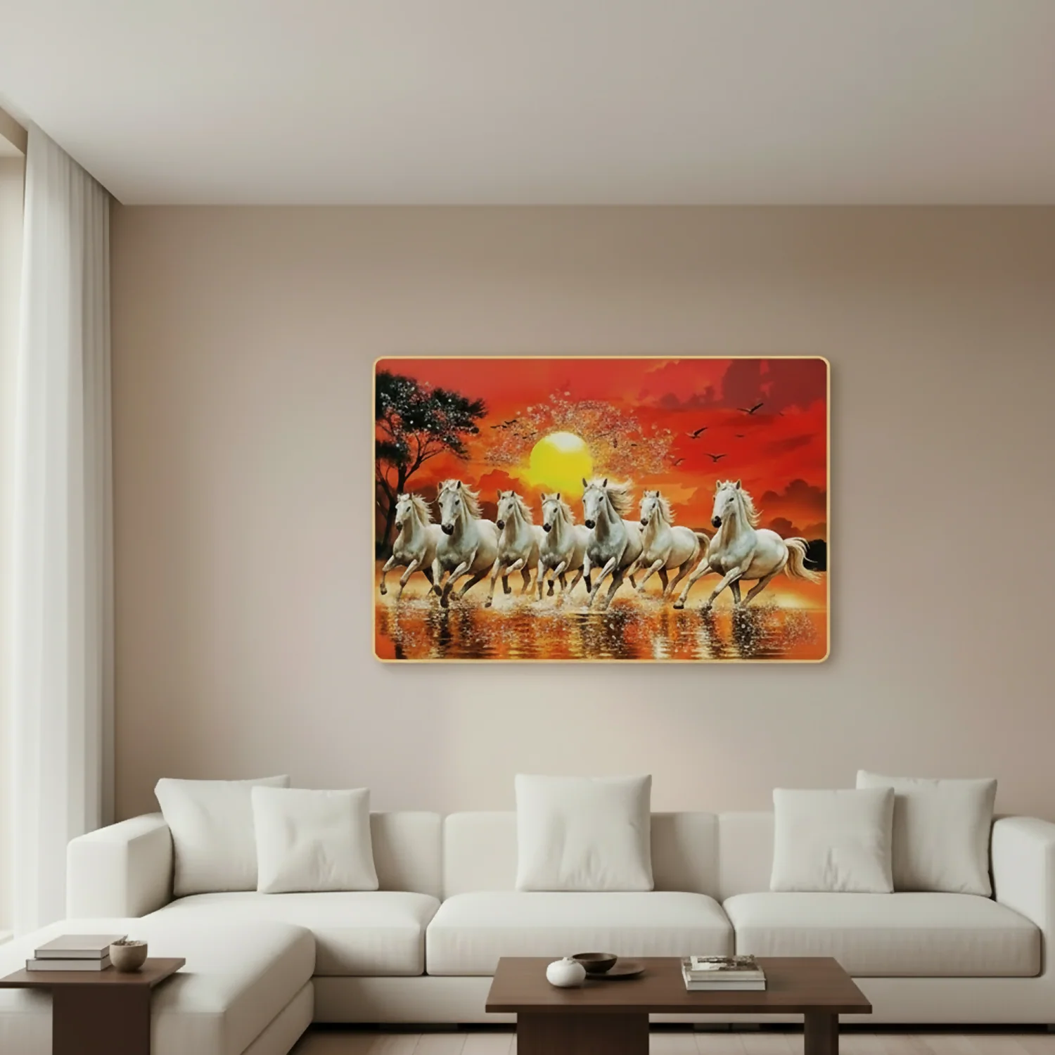 Seven Running Horses Sunrise Wall Art for Living Room Decor Frame - Image 4