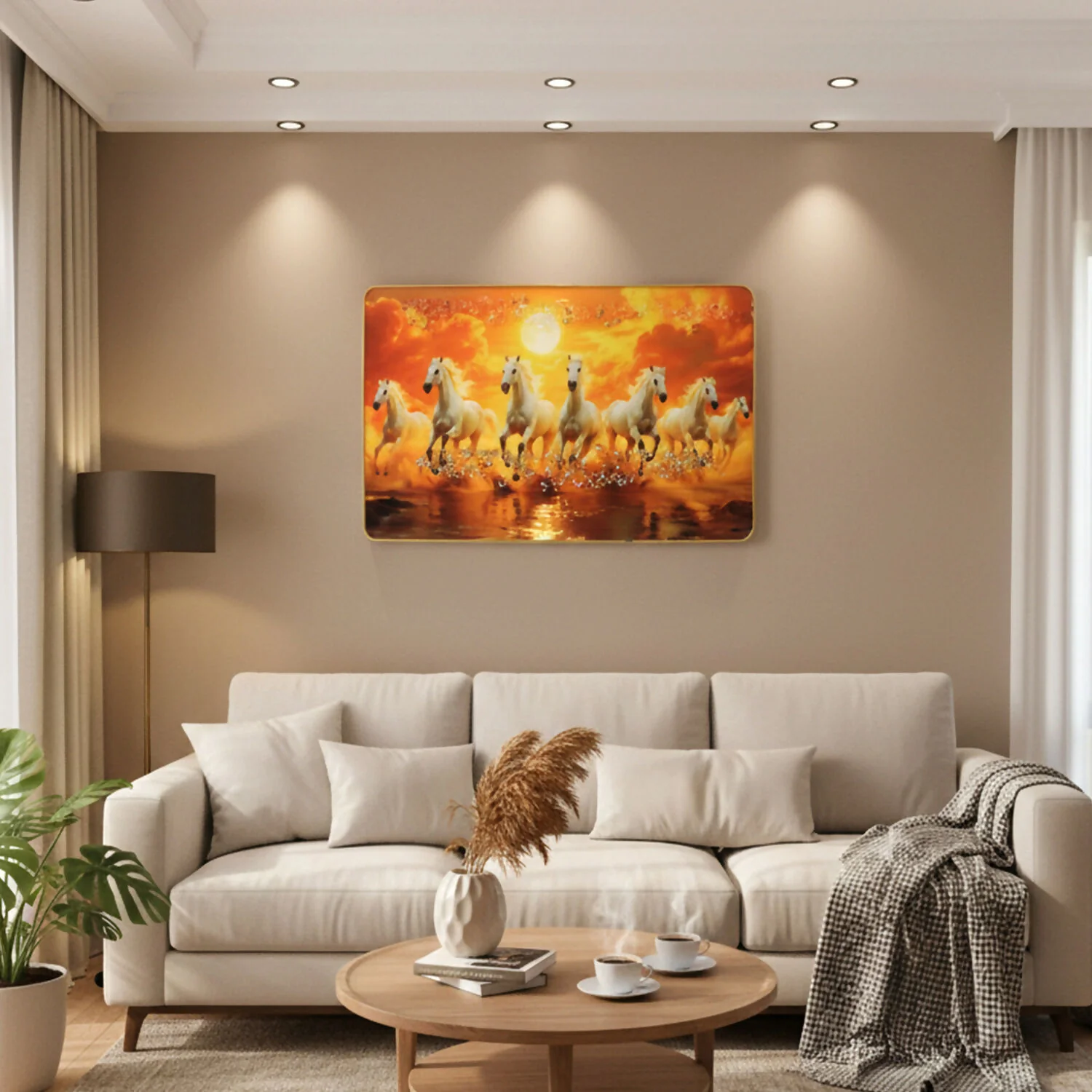 Seven White Running Horses Sunset Wall Art Frame - Image 3