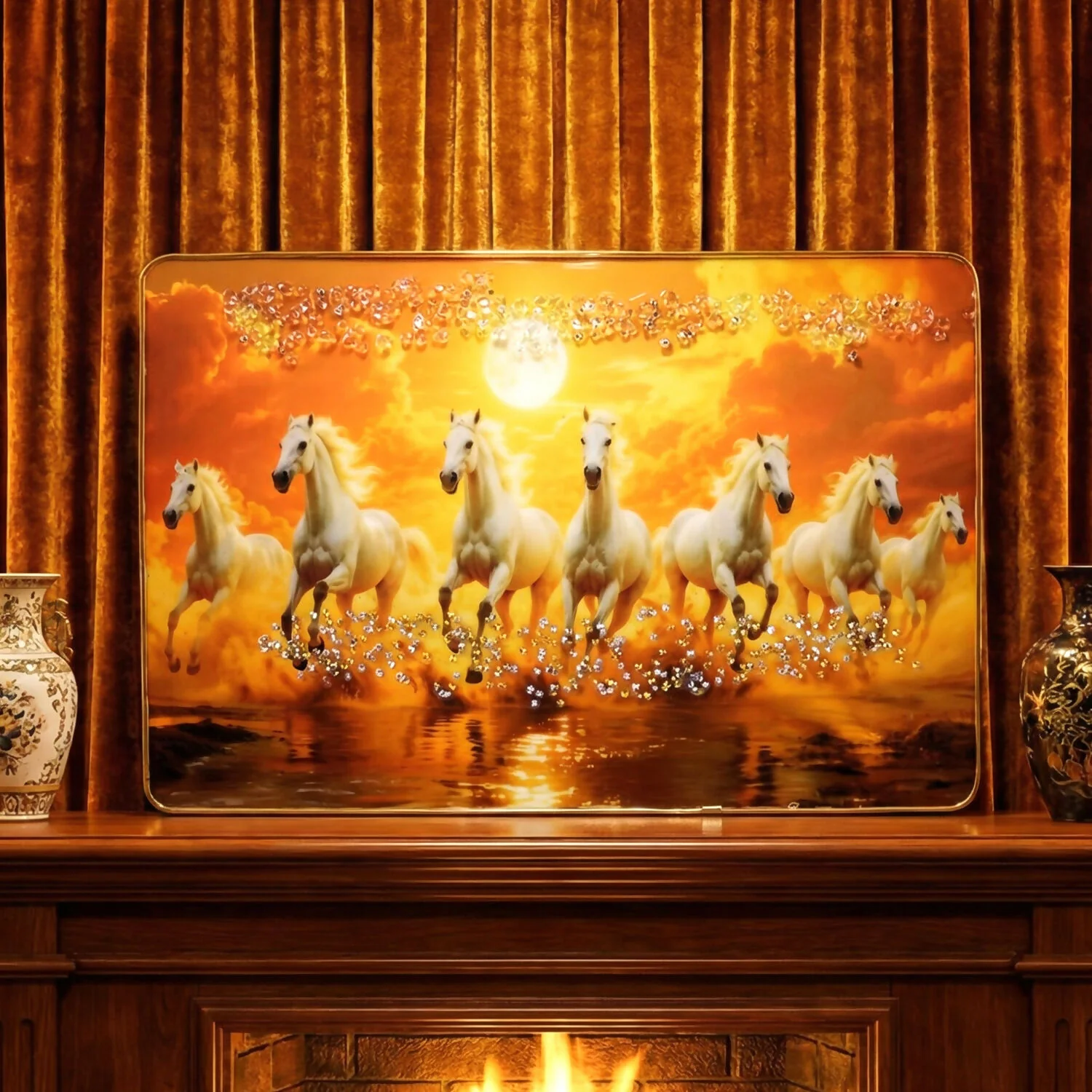Seven White Running Horses Sunset Wall Art Frame - Image 4