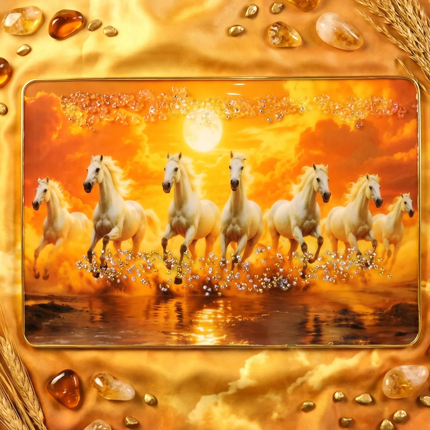 Seven White Running Horses Sunset Wall Art Frame - Image 5