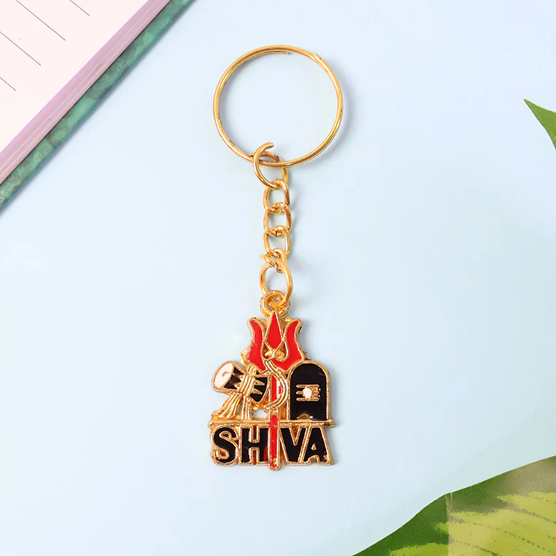 Shiva Symbol Keychain with Trishul & Damru – Devotional Golden Key Ring - Image 3